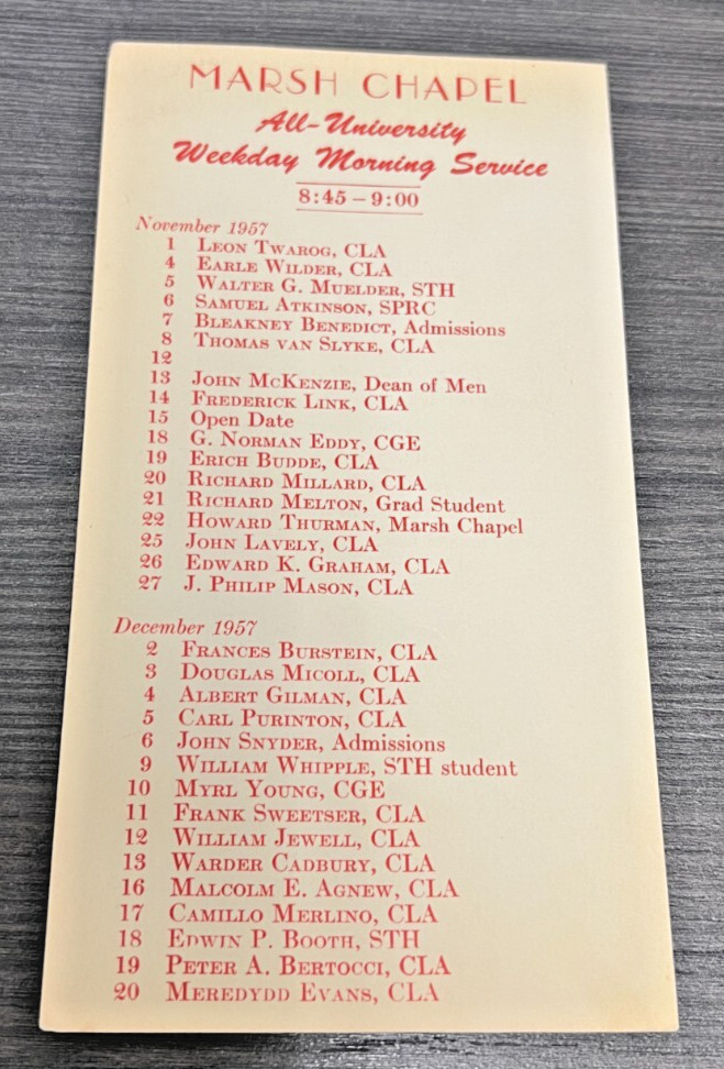 1957 Boston University Marsh Chapel Morning Service Calendar Card