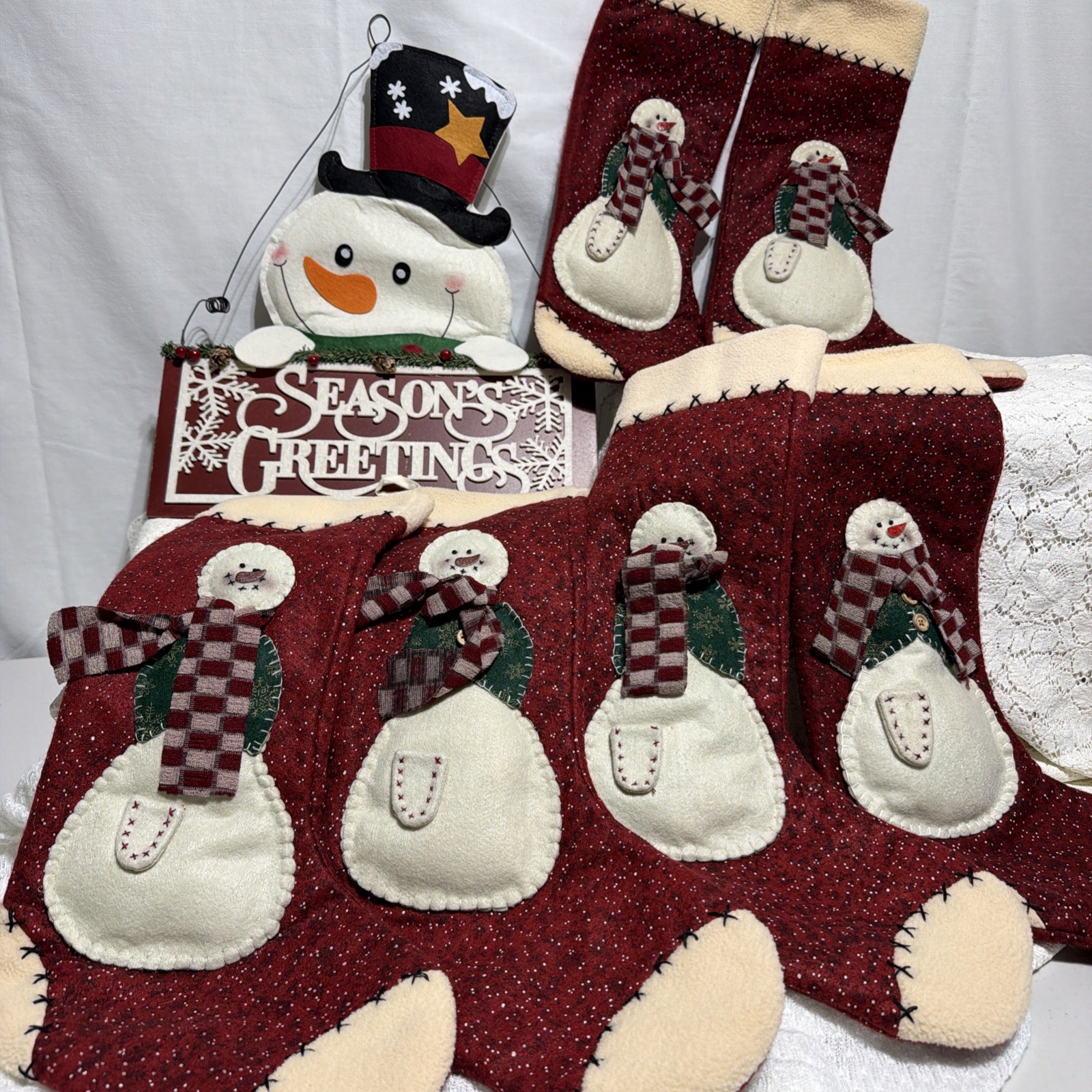 7pc Lot Vintage Farmhouse Christmas Stockings Set 6 Snowman Applique Burgundy
