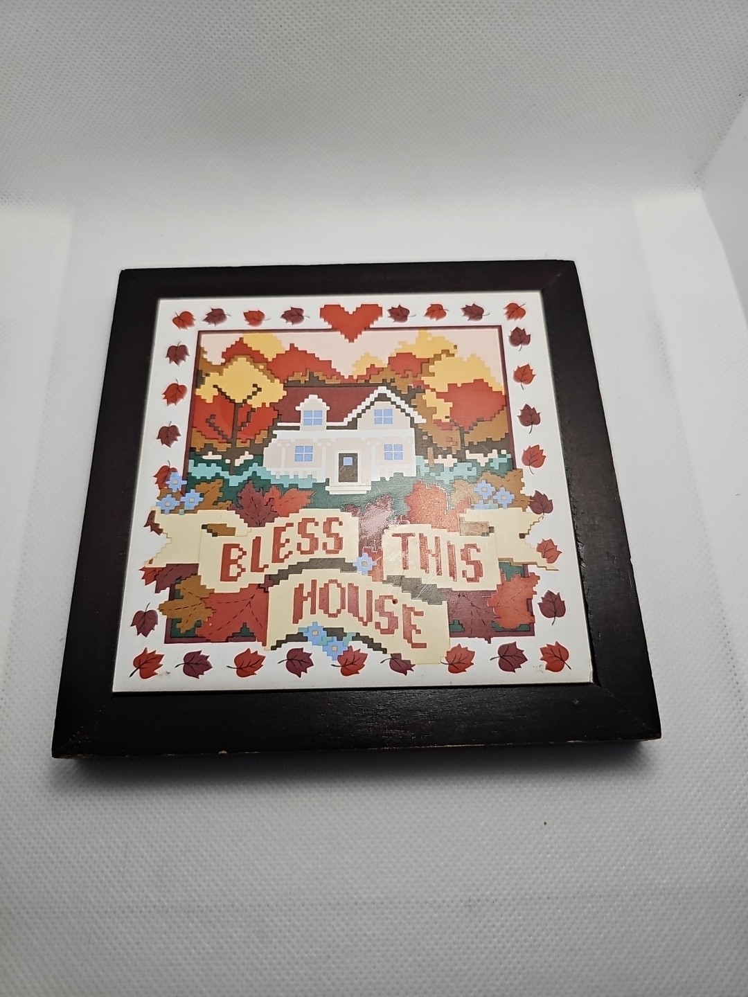 VTG Telaflora Ceramic Tile Bless This House Framed Wall Art Autumn Decor 5.5 in