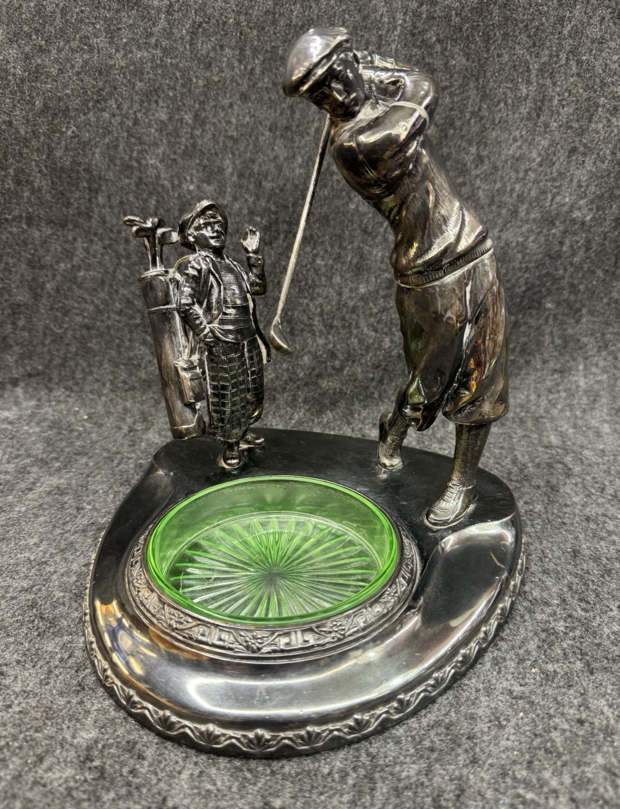 Antique Silver Plate Golf Golfer Boy Caddie Large Decor Dish Ashtray Green Glass