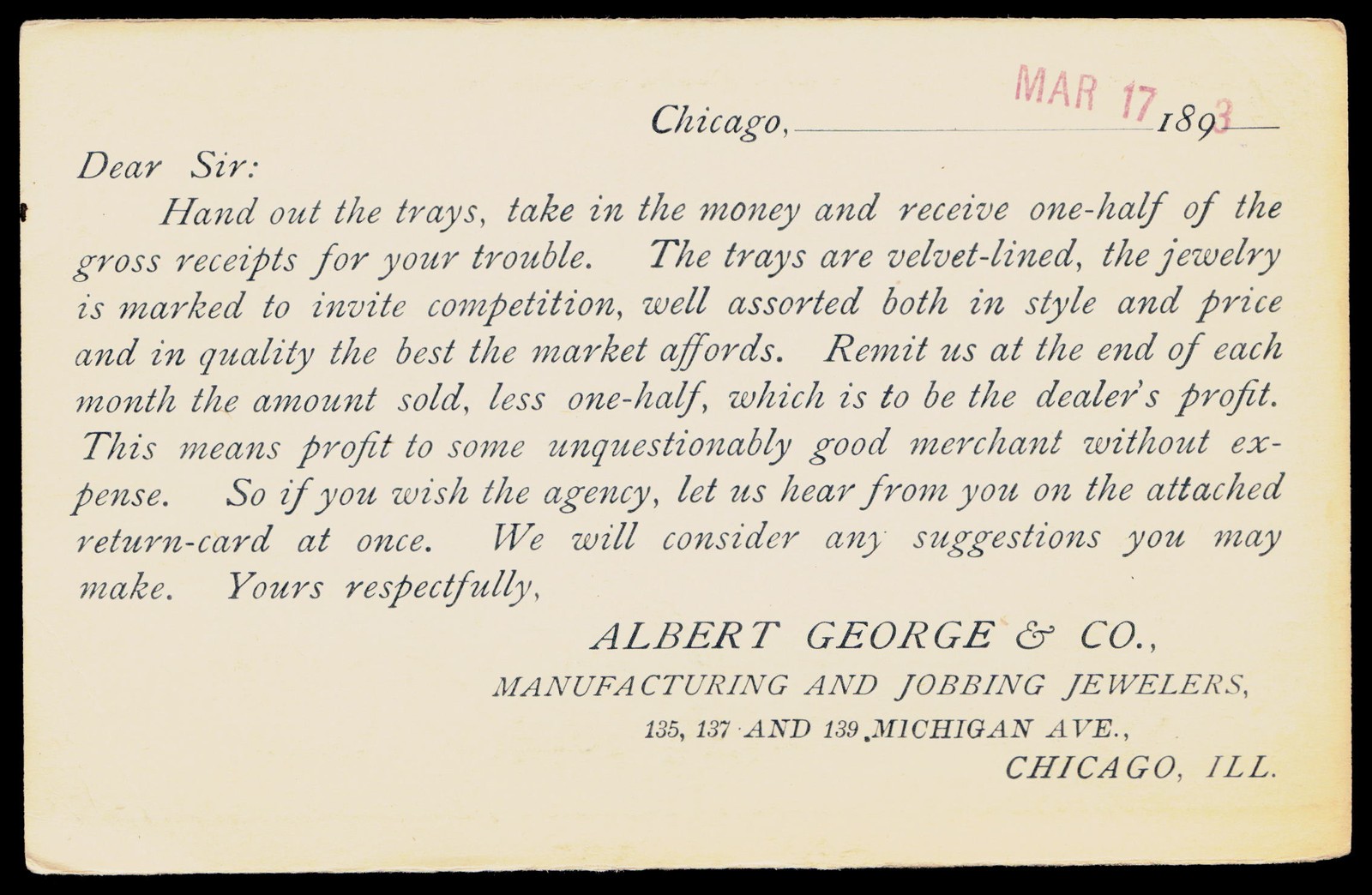 1893 Albert George & Co Chicago IL Victorian Jewelry Advertising Postal Card 1893 Albert George & Co Chicago IL Victorian Jewelry Advertising Postal Card