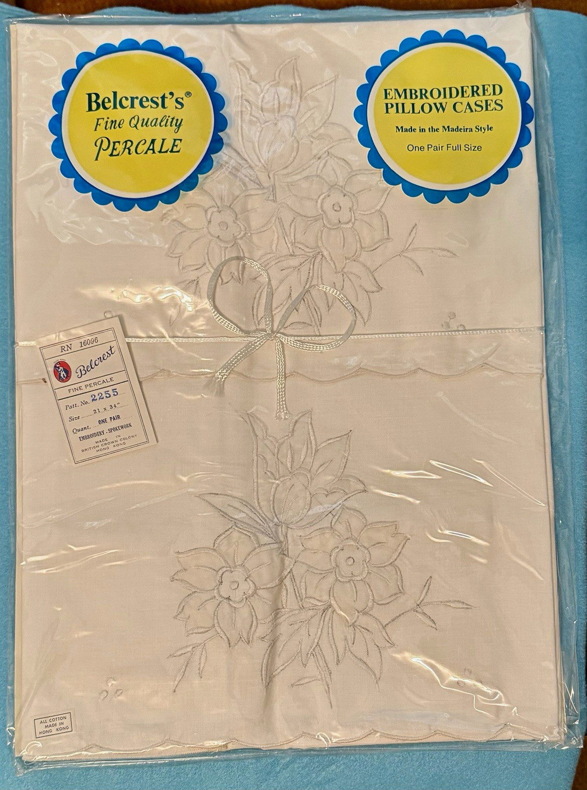 Vintage Belcrest Embroidered Pillowcases Pair NOS White Floral Percale Standard