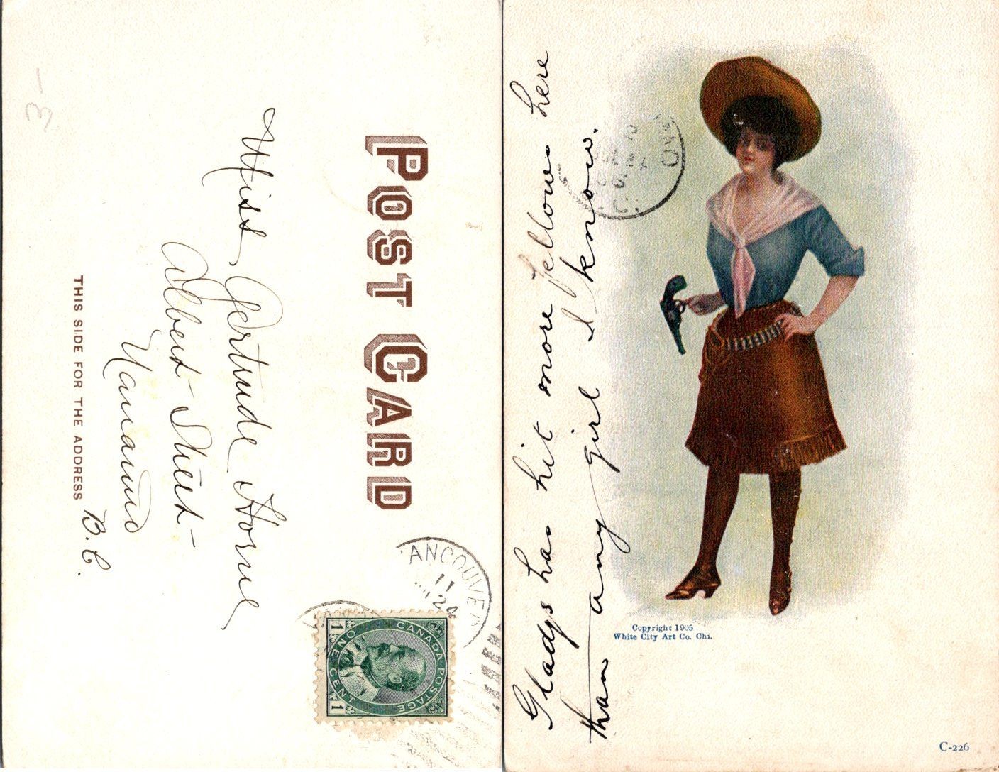 White City Art Co Postcard Vintage 1905 Western Girl C-226 Postmarked Vancouver