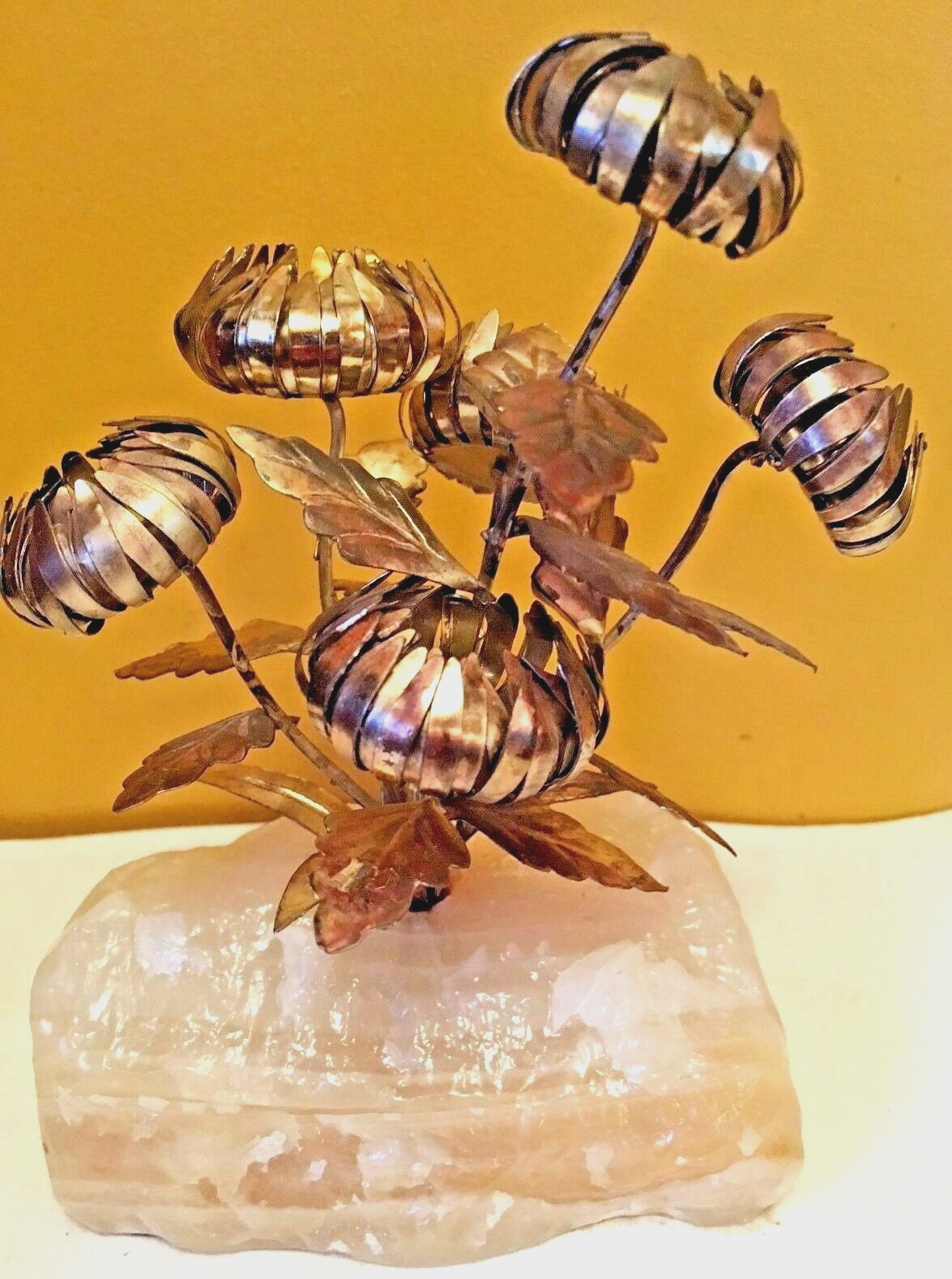 Vtg Asian Tree Sculpture Brass on Rough Cut Pink Alabaster Base 6