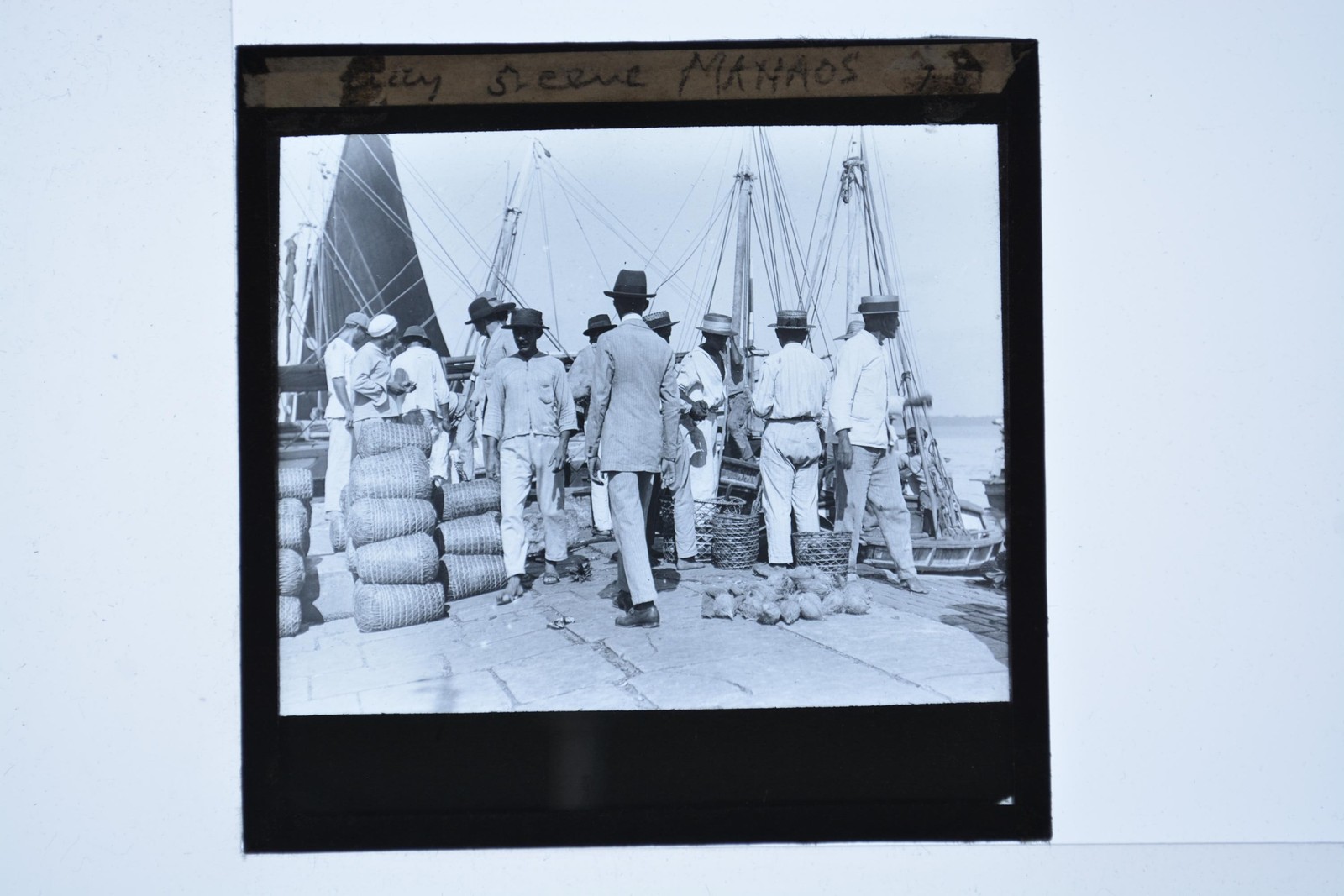 City Scene Manaos Brazil Dock Workers Cargo Boats Magic Lantern Slide c1900s