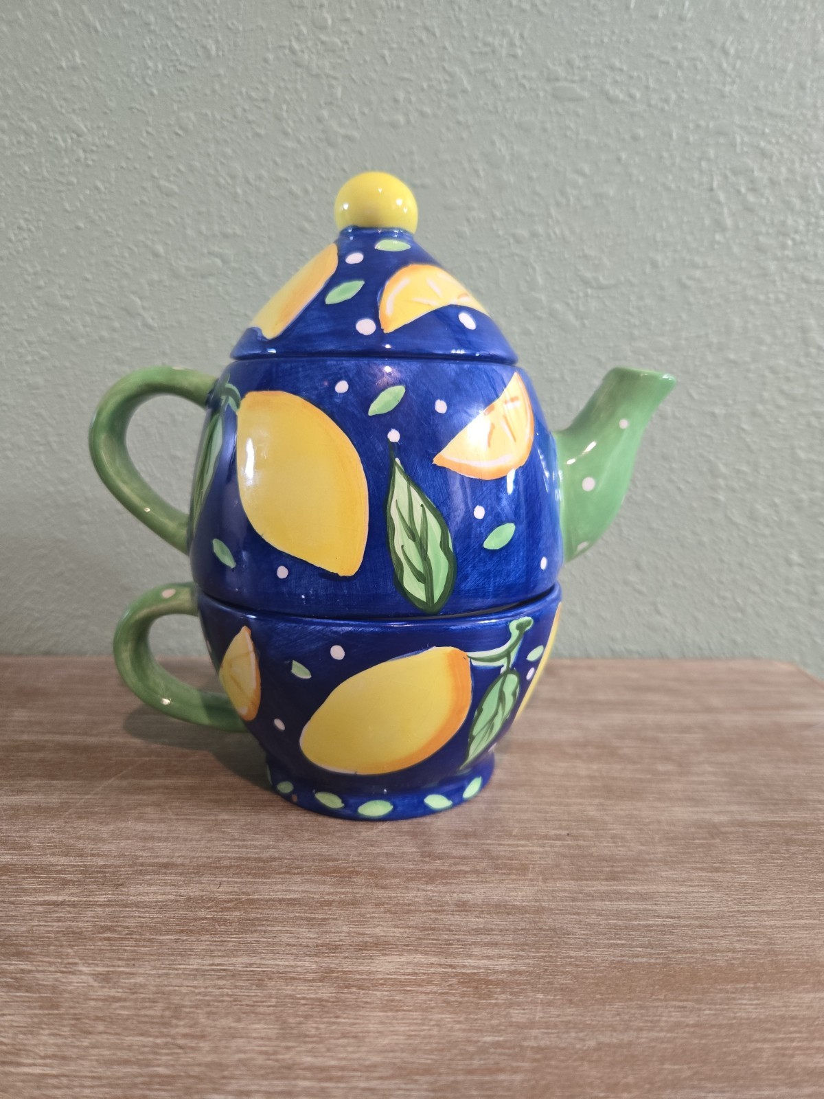 Vintage Bella Casa By Ganz Hand Painted Stacked Cup & Teapot Lemon Design EOC