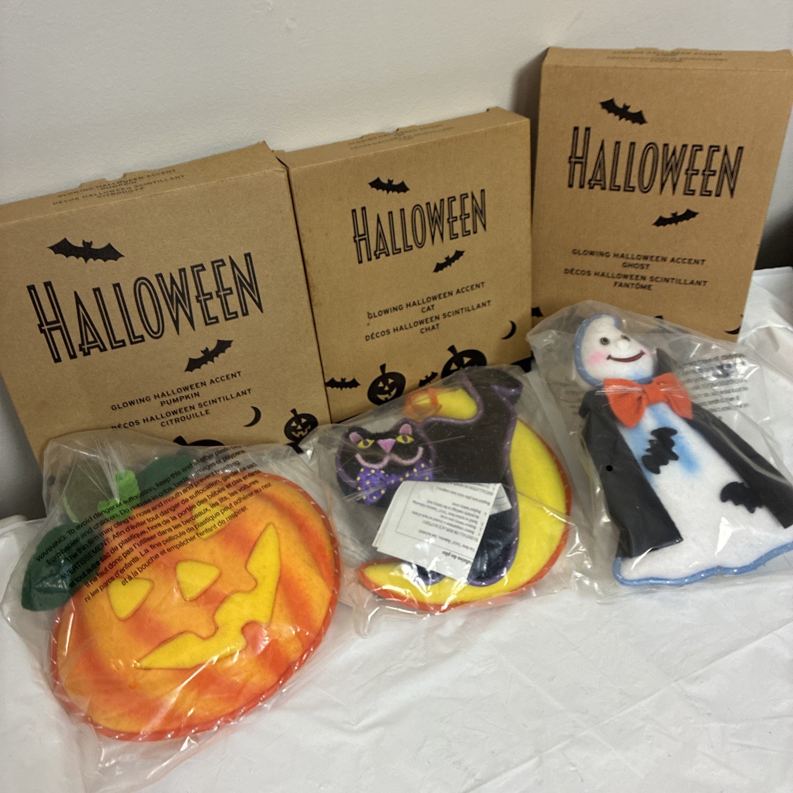 Avon Fiber Optic Halloween Hanging Pumpkin/cat/Ghost  New In Box Vtg Lot Of 3