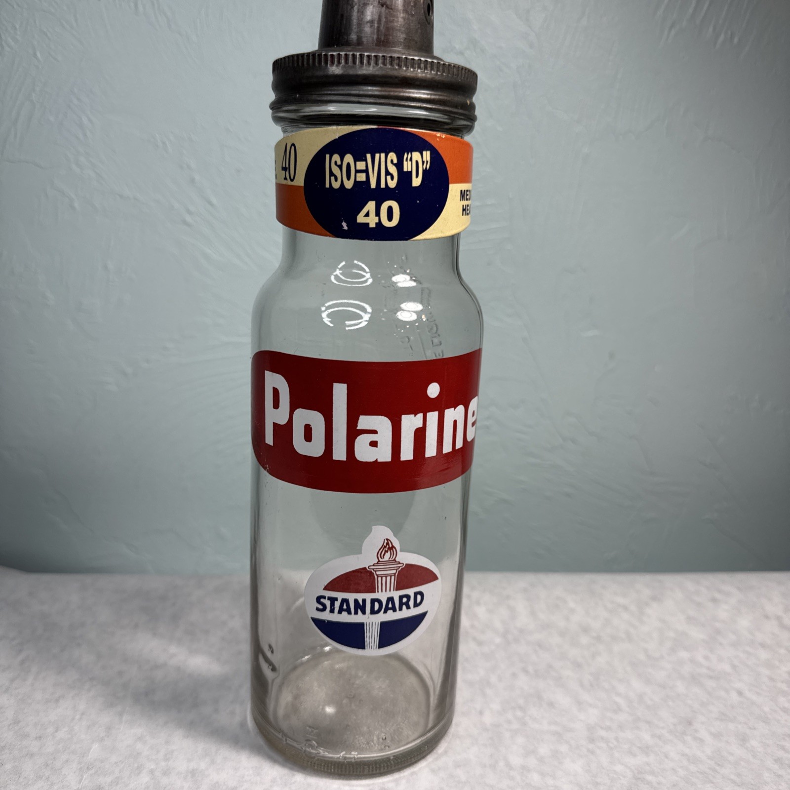 Vintage RARE Standard Oil Polarine ISO-VIS 40 Glass Oil Bottle with Metal Spout Vintage RARE Standard Oil Polarine ISO-VIS 40 Glass Oil Bottle with Metal Spout