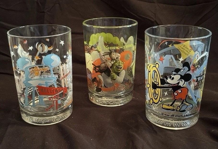 McDonald\'s 2007 Disney & Shrek the Third Collectible Glasses Set, Lot of 3
