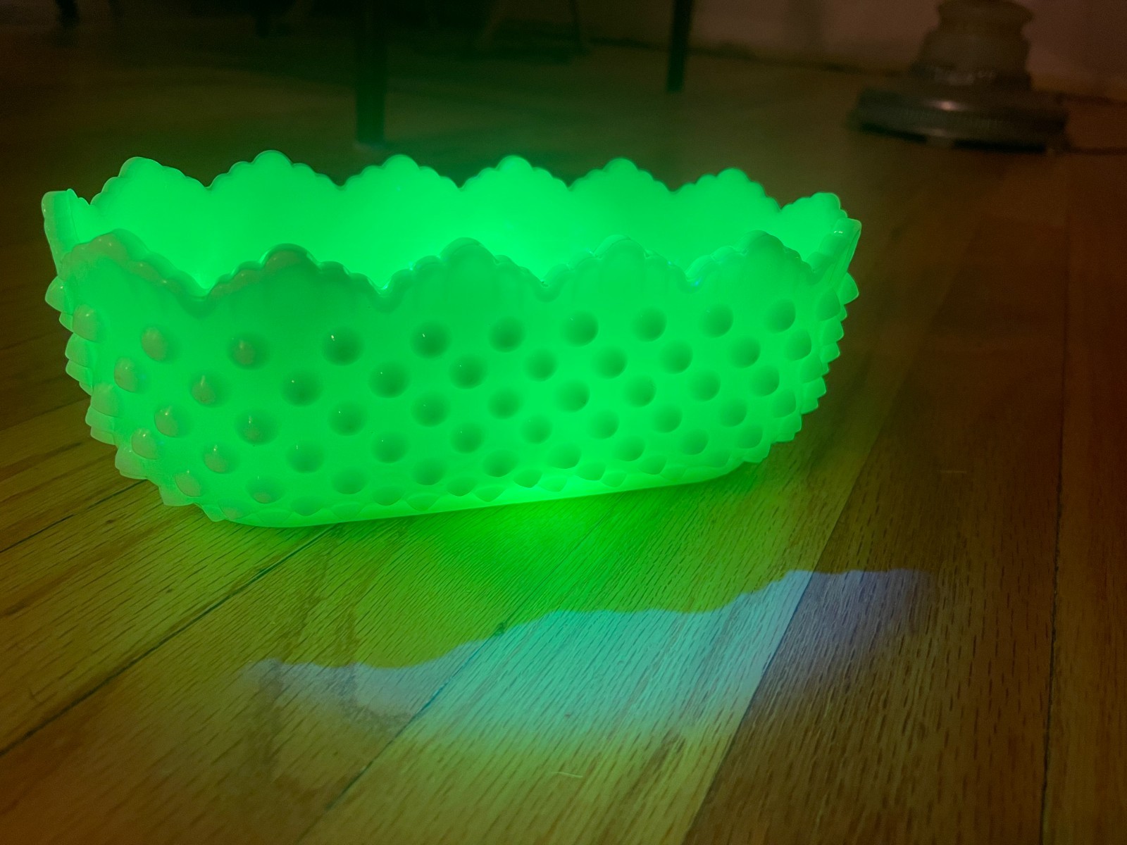 Fenton Jadeite Opaque Hobnail Planter with Scalloped Edge, Uranium, 8 1/2” long Fenton Jadeite Opaque Hobnail Planter with Scalloped Edge, Uranium, 8 1/2” long