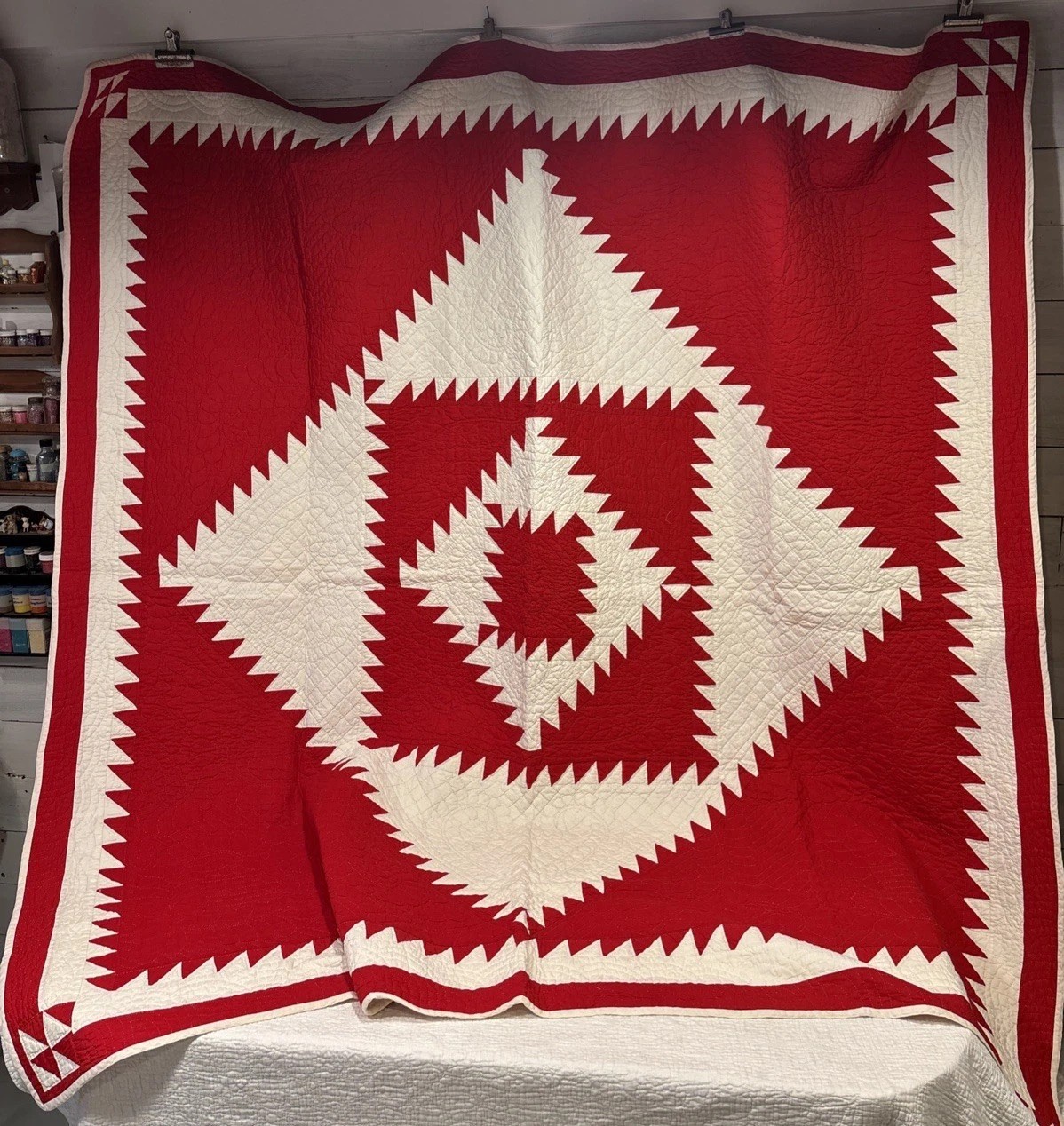 Vtg Red White Handmade Quilt Delectable Mountains Sawtooth Hearts 76” X 78”