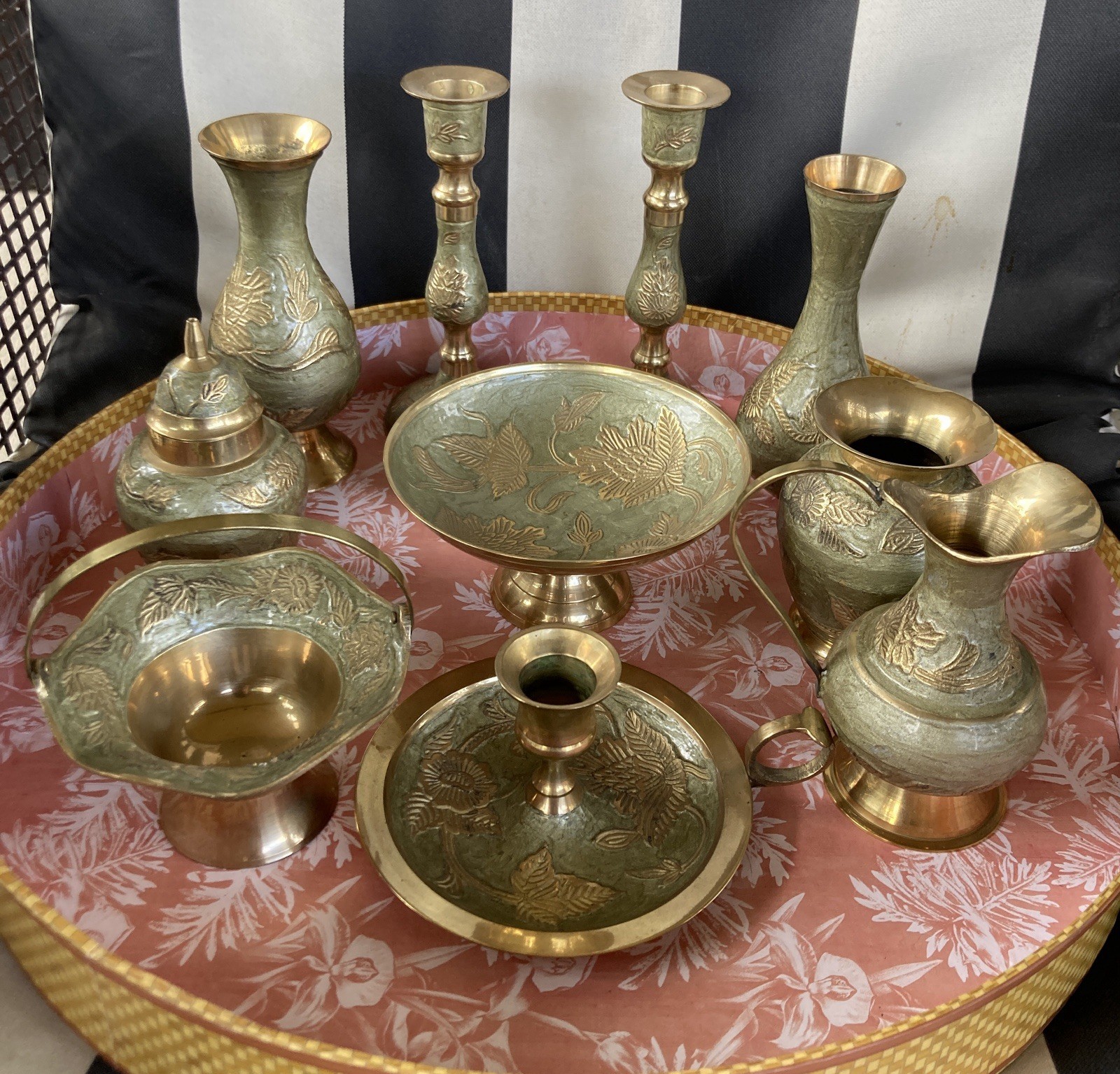 Vintage 10-Piece Mid-Century Indian Enameled Brass Table Top Set Vintage 10-Piece Mid-Century Indian Enameled Brass Table Top Set