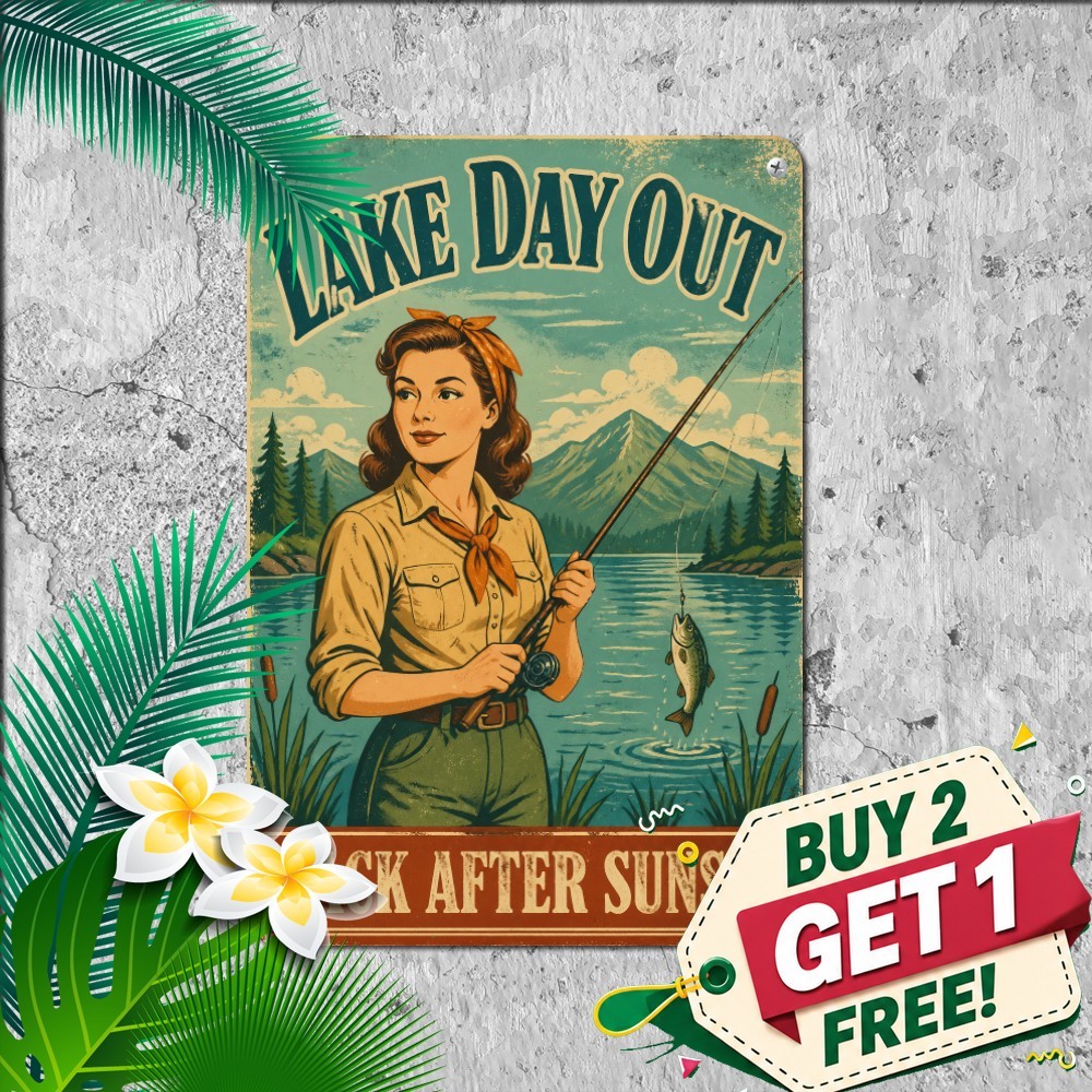 vintage fishing woman metal tin sign retro gone