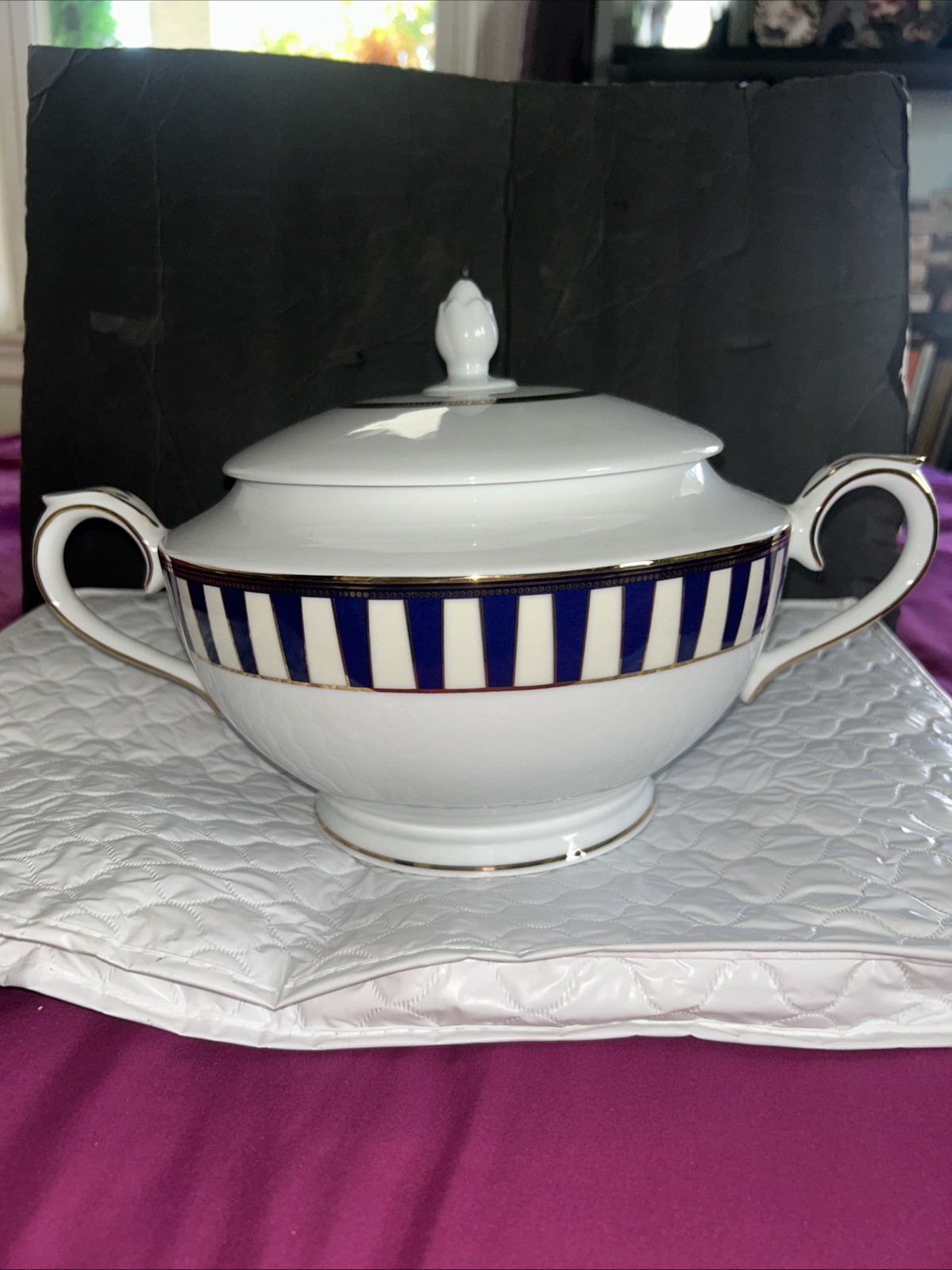 pate de limoges france”Aramica”Soup Tureen  Handles Lidded Cobalt Blue 24Kt NOS