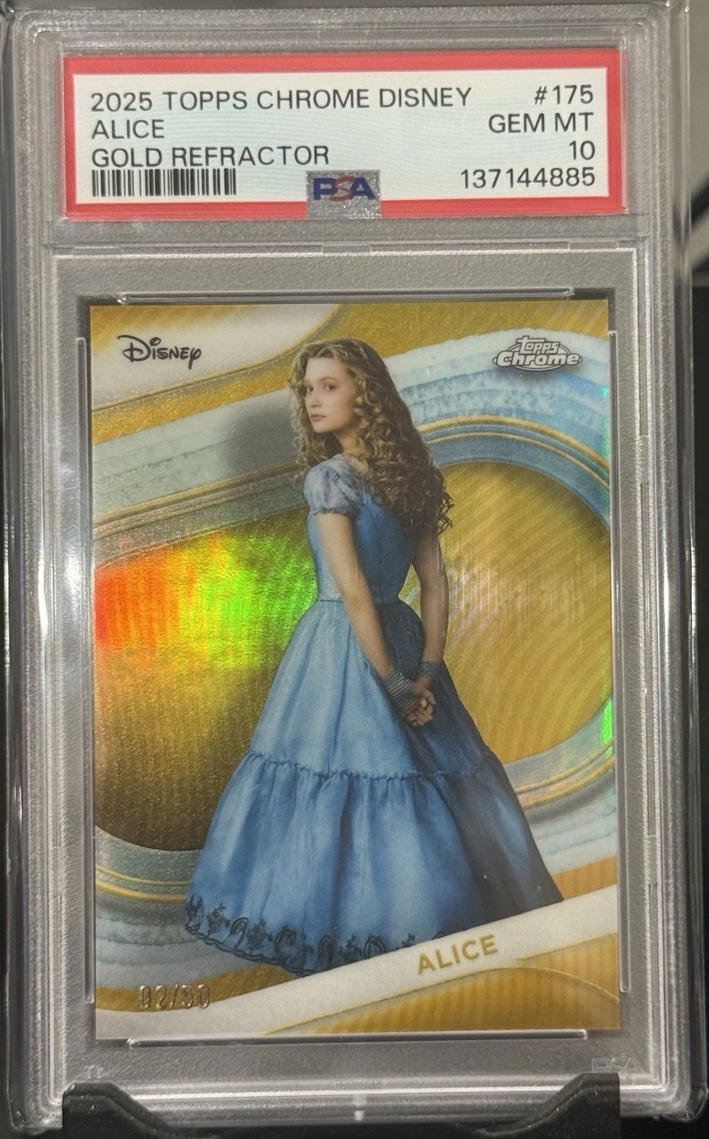 2025 TOPPS CHROME DISNEY GOLD REFRACTOR #175 ALICE 2/50 PSA 10