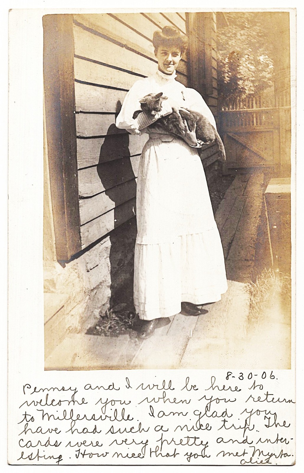 real photo New Berlin PA - Lady Holding Penney ( Cat ) antique postcard RPPC