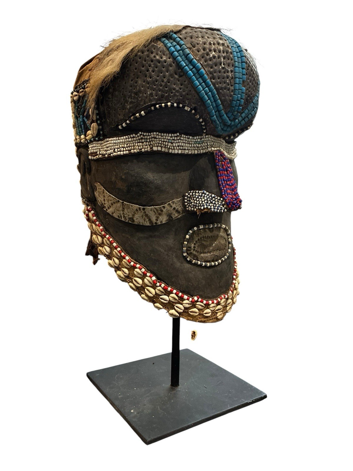 Kuba Bwoom Helmet Mask Beaded Cowrie Shells DR Congo African Tribal Art Stand