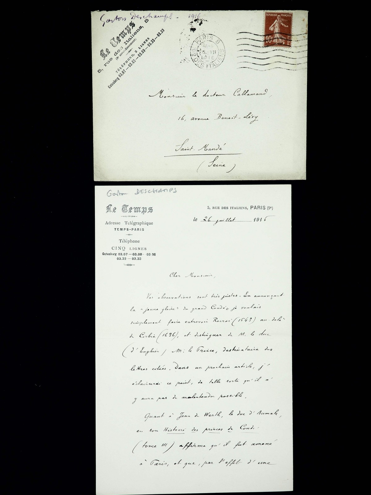 Gaston DESCHAMPS - Signed Autograph Letter - Le Grand Condé - Envelope - 1916