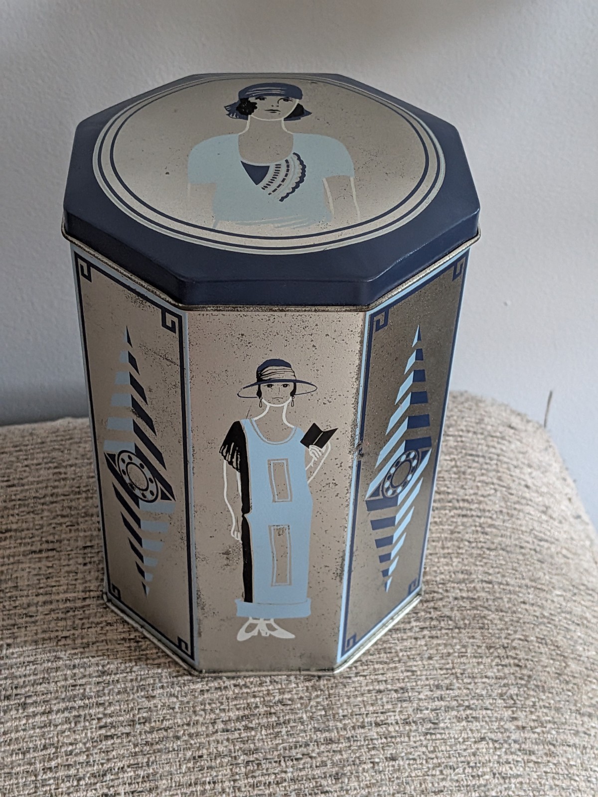 Vintage Art Deco Style Hexagonal Metal Tin Flapper Girl Container Blue Silver Vintage Art Deco Style Hexagonal Metal Tin Flapper Girl Container Blue Silver