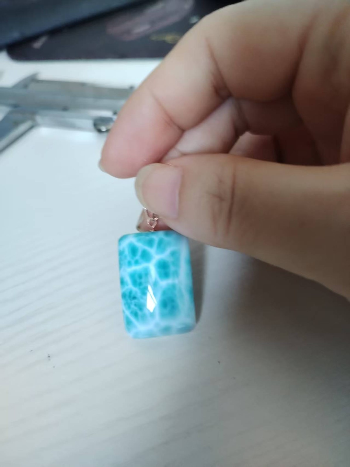 Natural Dominican Larimar Rectangle Pendant  Unique Sea‑wave  Gemstone Charm