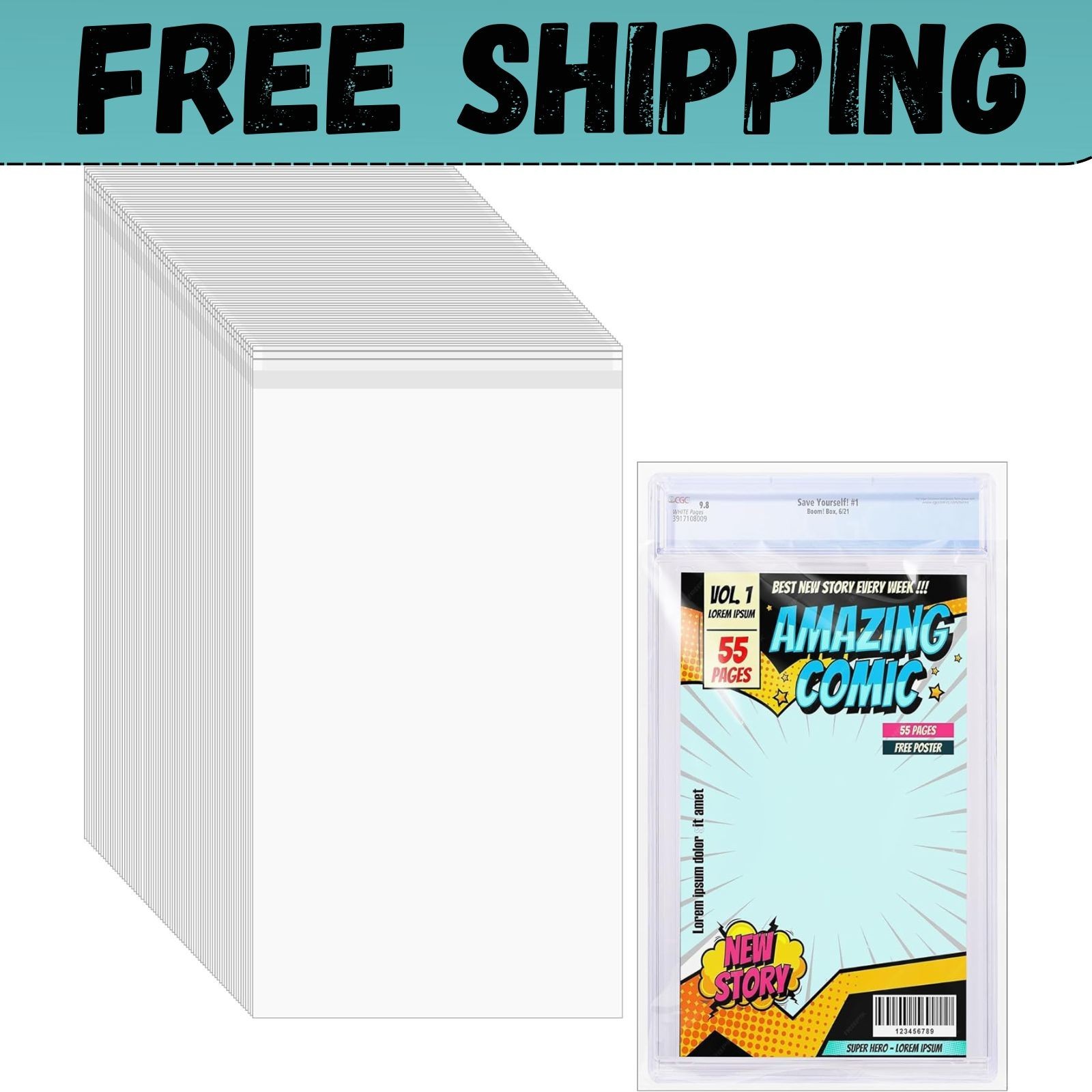50 Pcs Resealable Graded Comic Book Bags,Clear Plastic Comic Sleeves for CGC and 50 Pcs Resealable Graded Comic Book Bags,Clear Plastic Comic Sleeves for CGC and