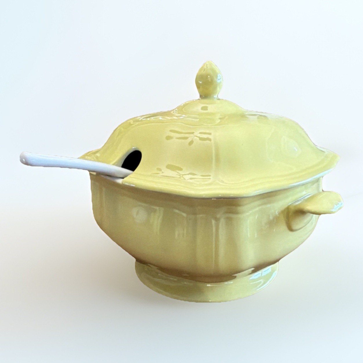 Vintage Federalist Ironstone Buttercup Yellow Soup Tureen with Lid and Spoon