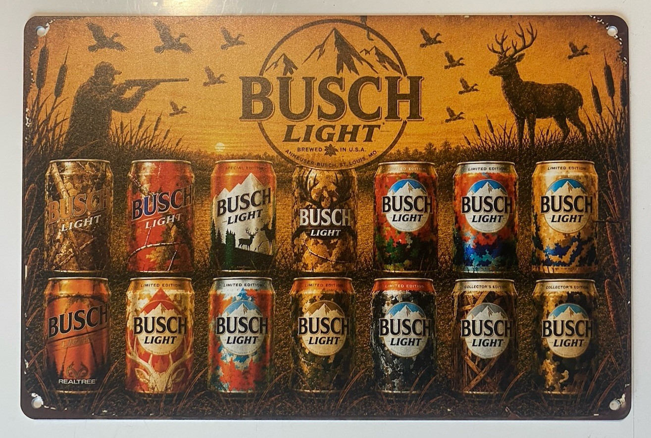 Busch Light Beer Sign - Evolution Of Hunting Cans - Real Tree - Camo Fishing Busch Light Beer Sign - Evolution Of Hunting Cans - Real Tree - Camo Fishing
