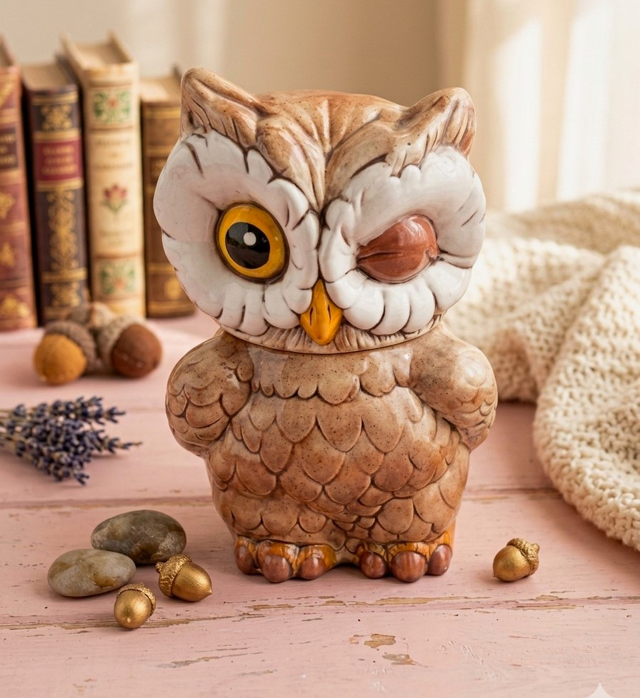 Vintage Ceramic Winking Owl Cookie Jar Brown Retro Hobbyist Art Pottery 11.5