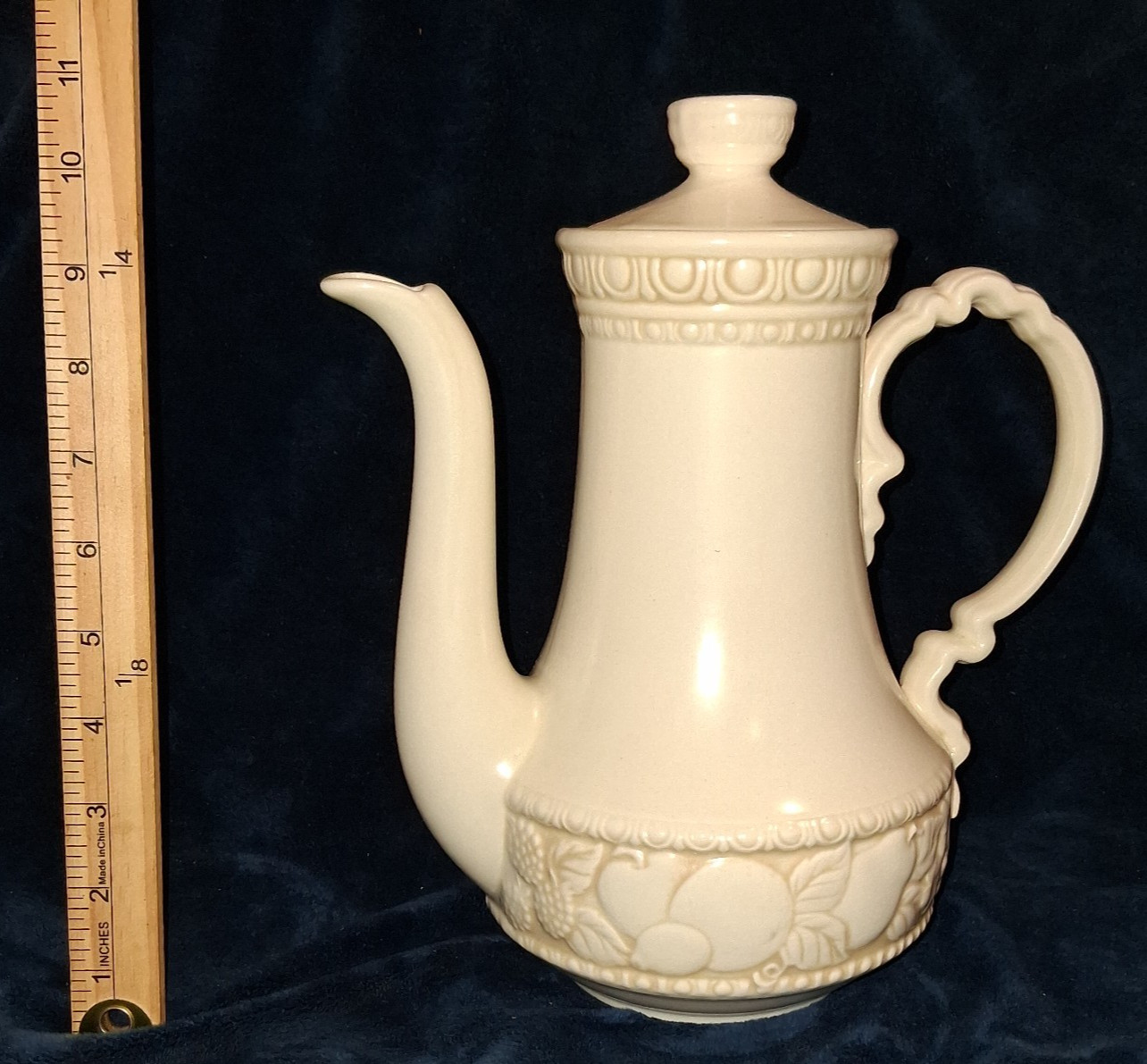 Vtg. Cream Glaze Ceramic Coffee Pot Embossed Fruit Swag & Egg-and-Dart Design