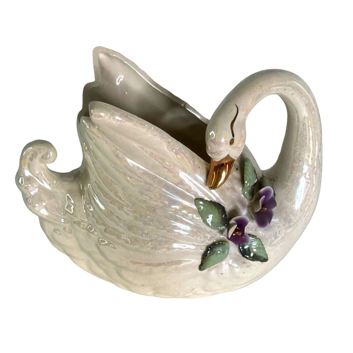Swan Planter Vase Lusterware Figurine Norcrest Iridescent Opalescent 8.5 Swan Planter Vase Lusterware Figurine Norcrest Iridescent Opalescent 8.5