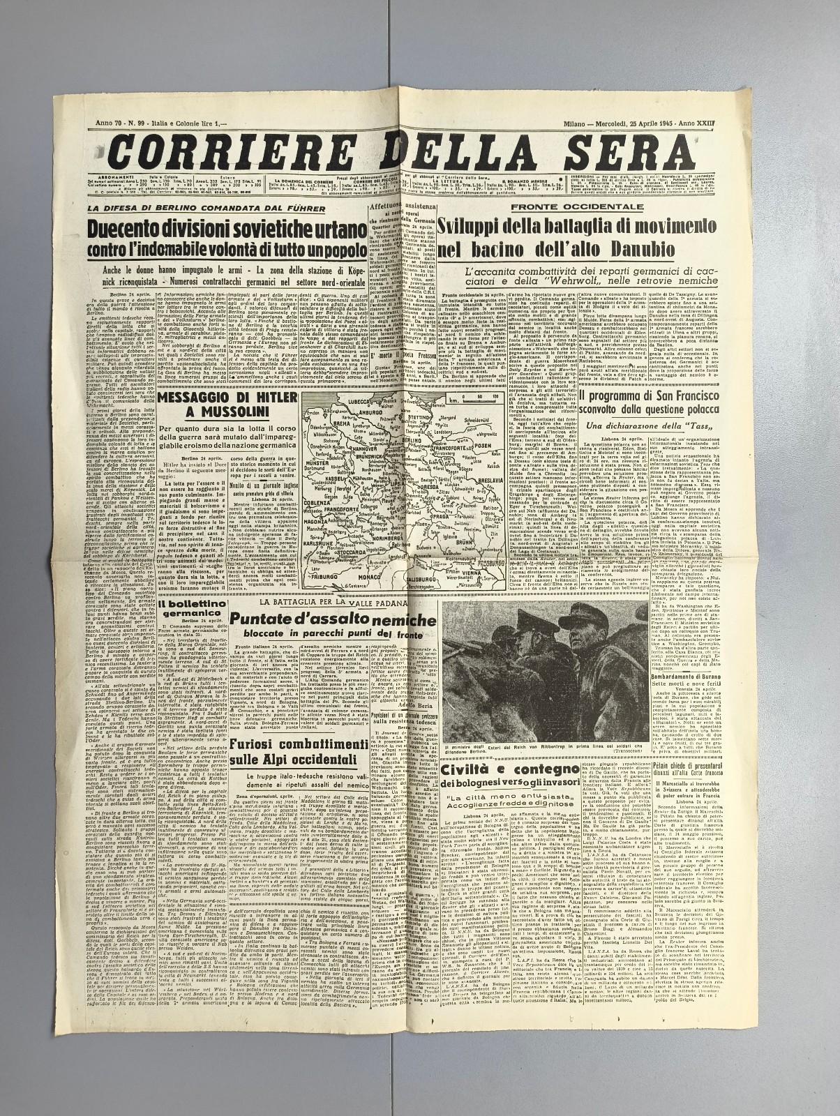 CORRIERE DELLA SERA 25 APRIL 1945 ITALIAN LIBERATION FROM THE NAZIS FASCISM