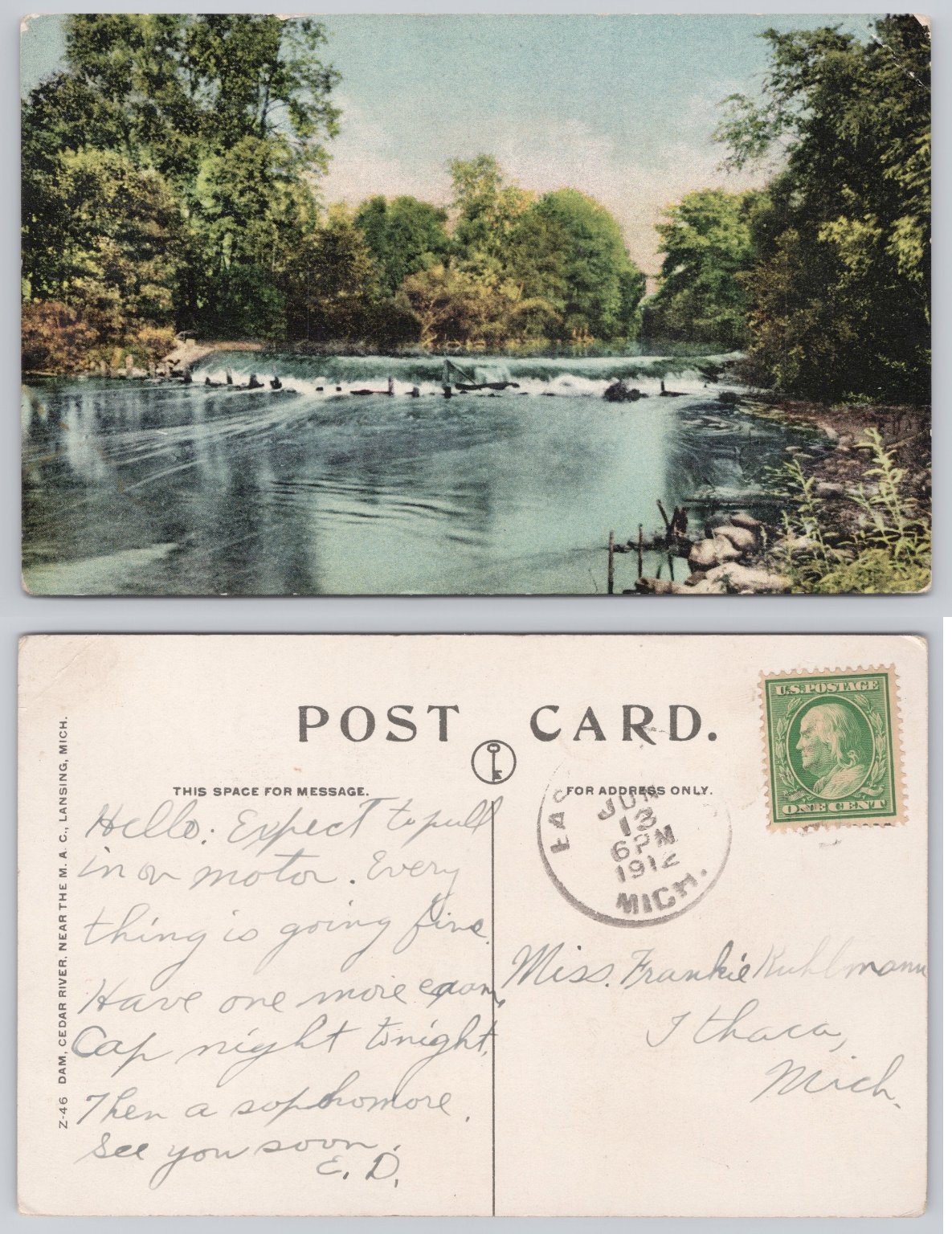 1912 Lansing MI Cedar River Dam Postcard Michigan Agricultural College MAC