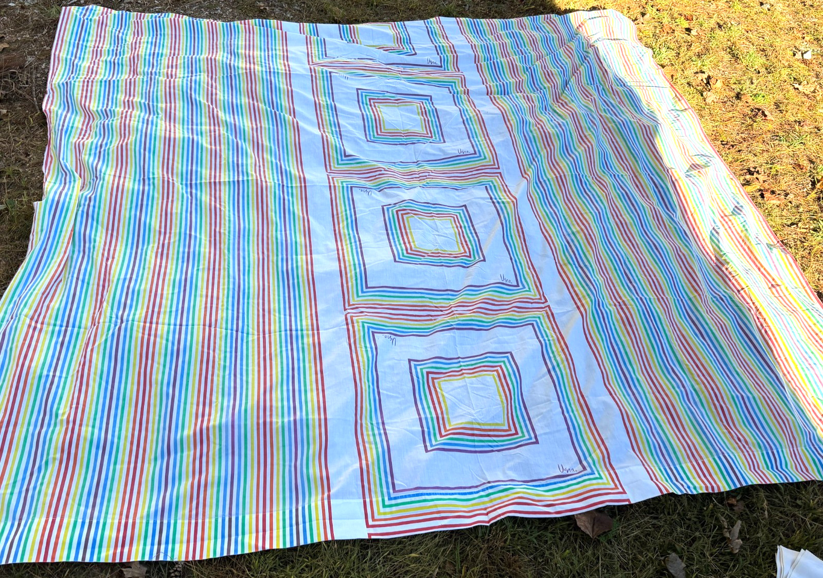 Vintage 70s Vera Neumann Rainbow King Flat Sheet Equation Burlington Made in USA