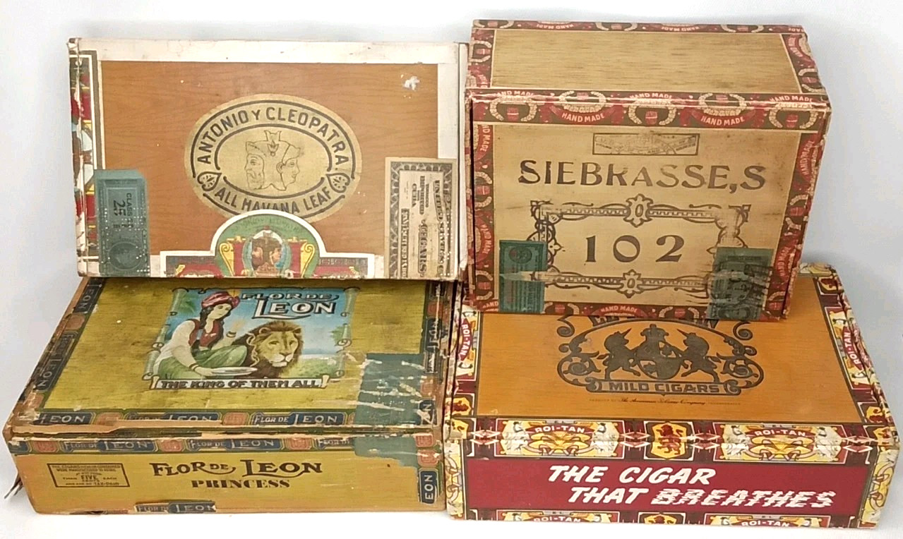 Antique Cigar Box Lot Of 4 Roi-Tan Flor De Leon Antonio Cleopatra New Arrival