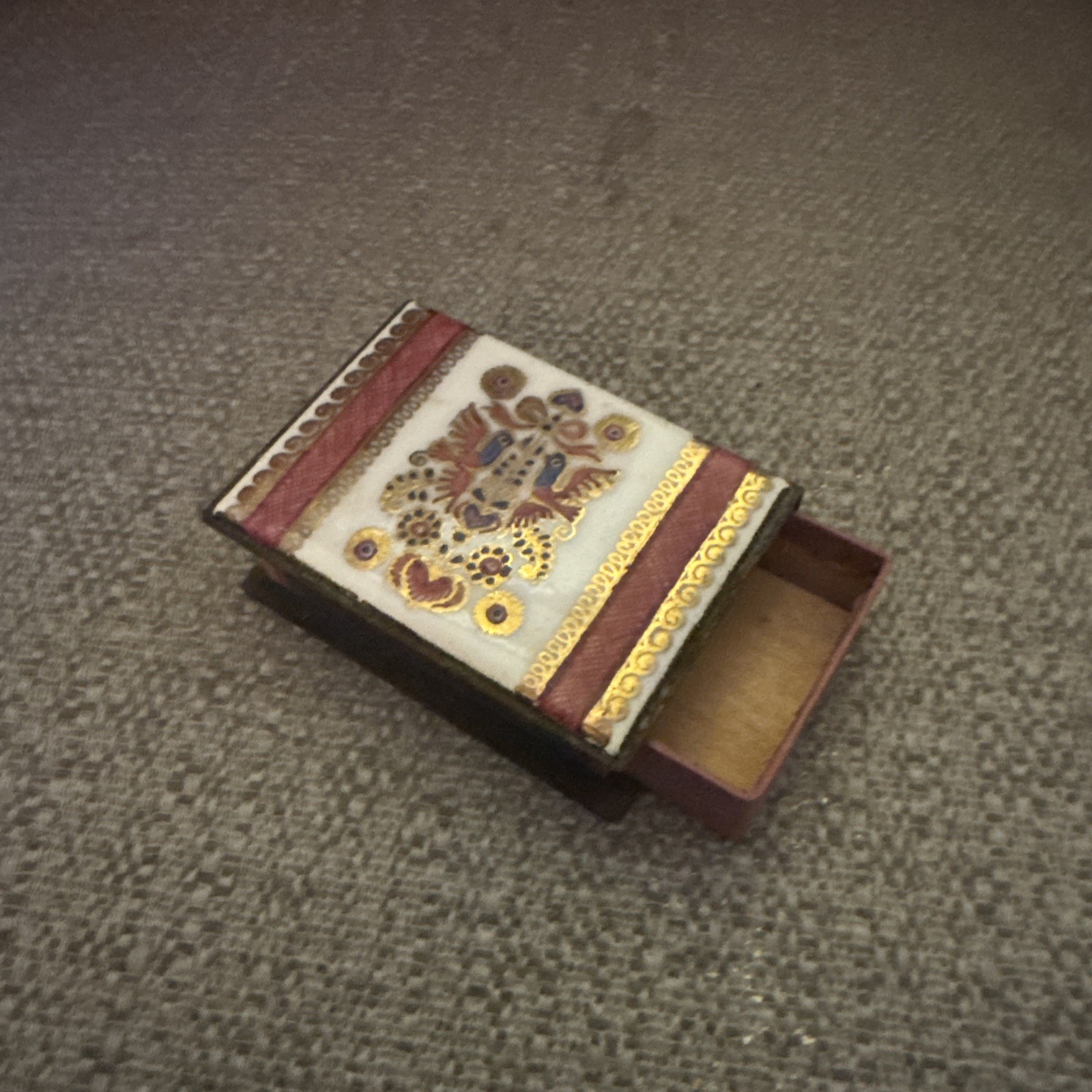 Vintage Mid-Century Enamel and Metal Matchbox Sleeve Holder – Floral Folk Art