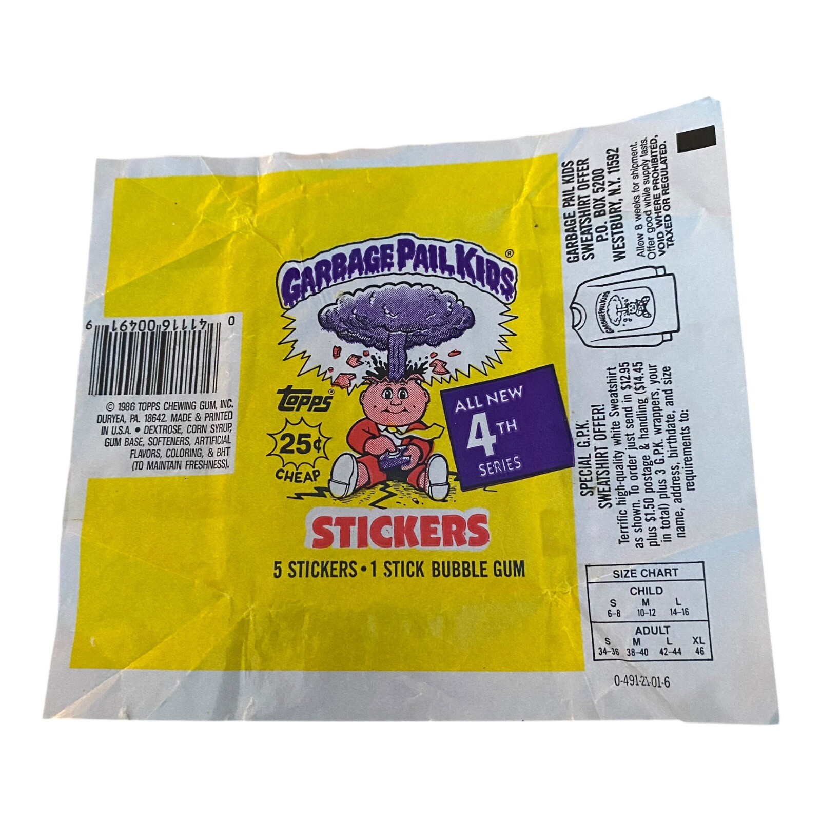 1986 Garbage Pail Kids 4th Series 4 Wax Pack Empty Wrapper Purple Cloud w/.25¢
