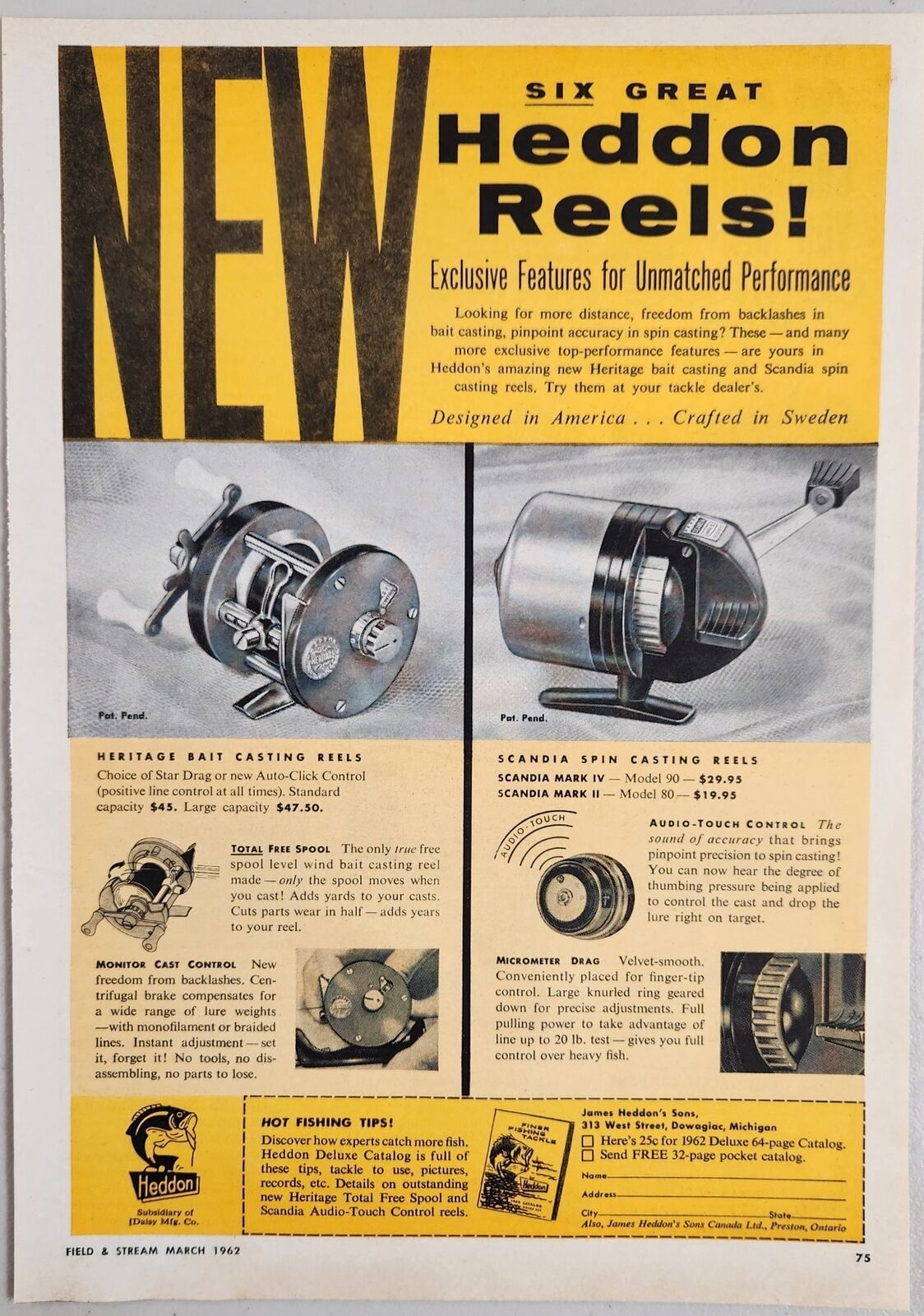 1962 Print Ad Heddon Heritage & Scandia Fishing Reels Dowagiac,Michigan 1962 Print Ad Heddon Heritage & Scandia Fishing Reels Dowagiac,Michigan