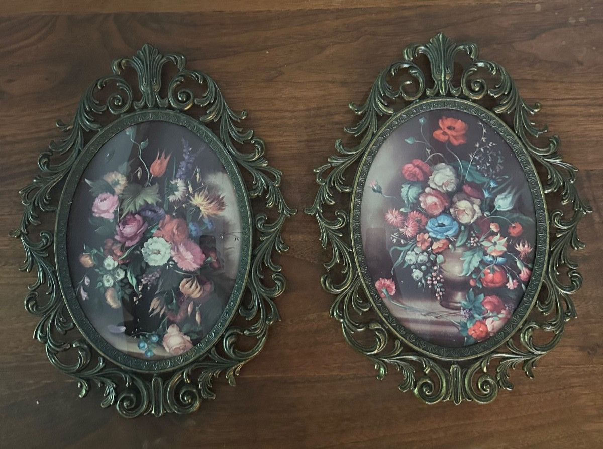 Pair Vtg Italian Ornate Brass Frame Floral Convex Wall Hanging 10” X 13.5 Pair Vtg Italian Ornate Brass Frame Floral Convex Wall Hanging 10” X 13.5