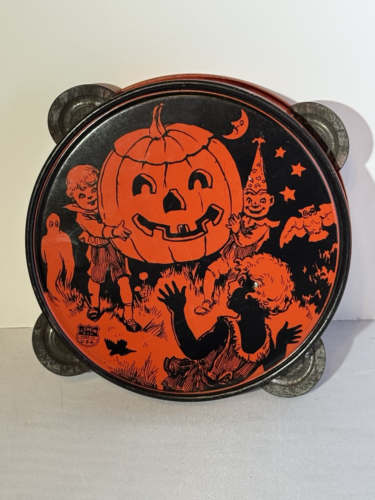 Antique Vintage Halloween Tin Litho Tambourine Noisemaker Decoration J Chein 30s Antique Vintage Halloween Tin Litho Tambourine Noisemaker Decoration J Chein 30s