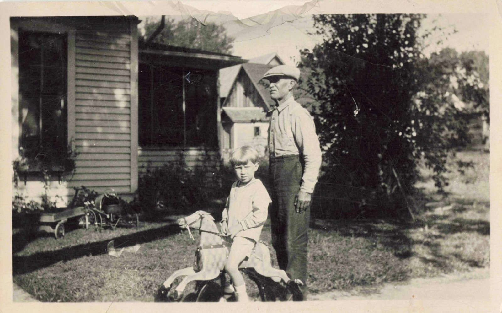 VTG Photo 1924 Randolph Iowa Handsome Older Man & Grandson Playing Toy Horse