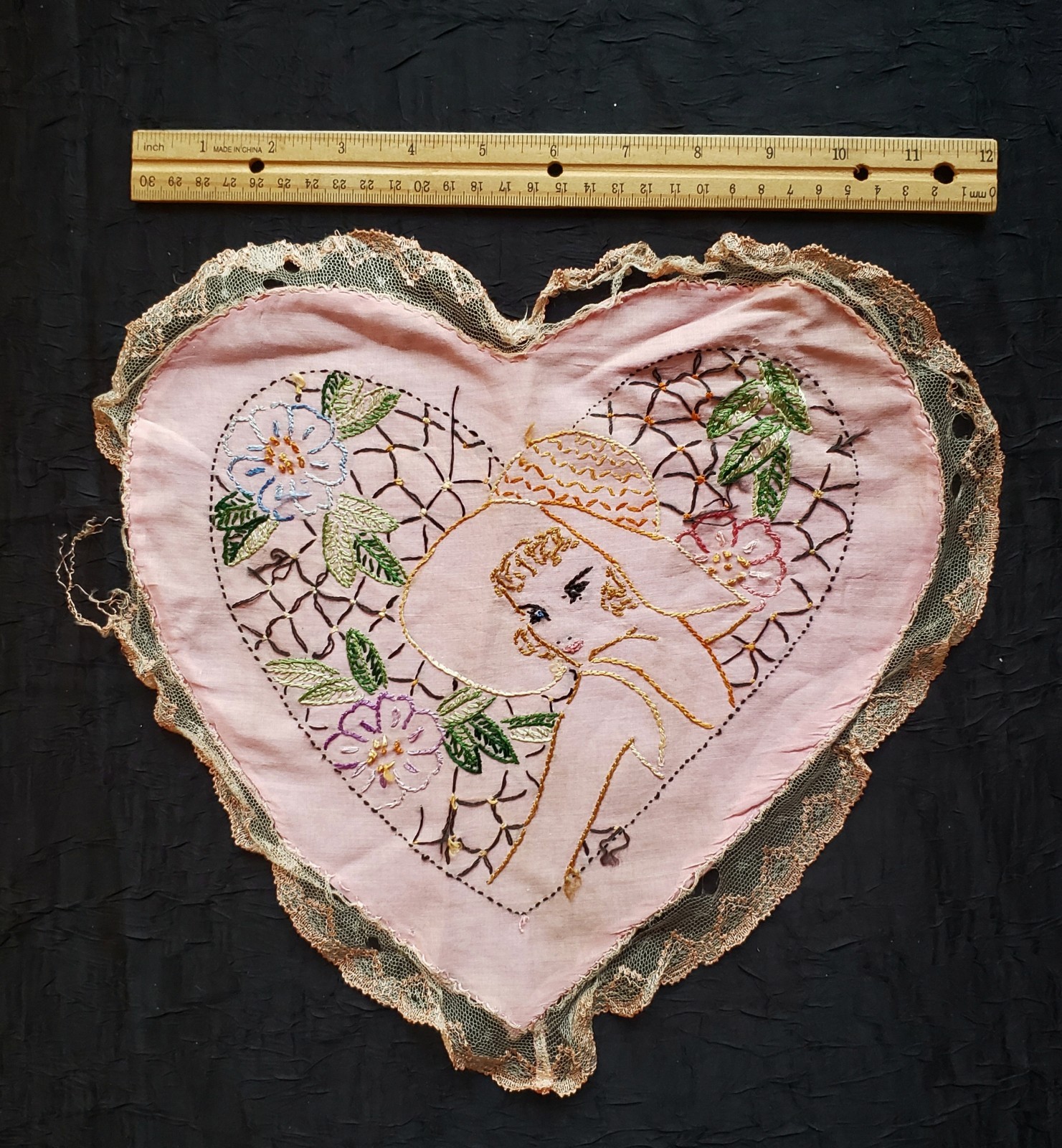 Antique 1920s-30s Heart Embroidered Lace Handmade Doilly Applique Boudoir 12 Antique 1920s-30s Heart Embroidered Lace Handmade Doilly Applique Boudoir 12