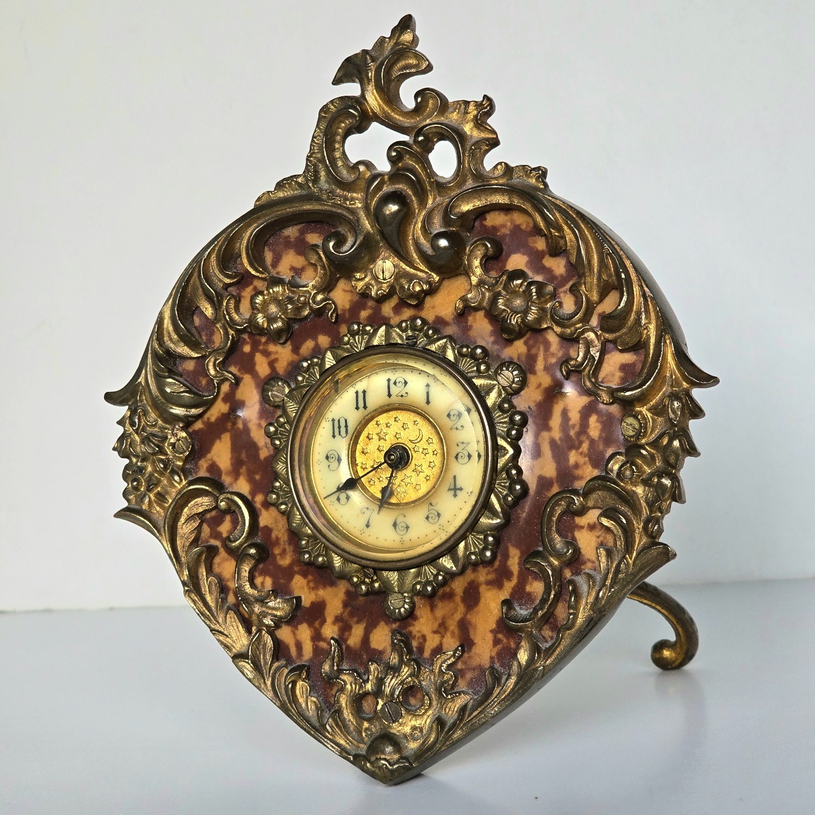 WORKING Antique Art Nouveau Clock Heart Shaped Faux-Tortoiseshell Made 1885-1909