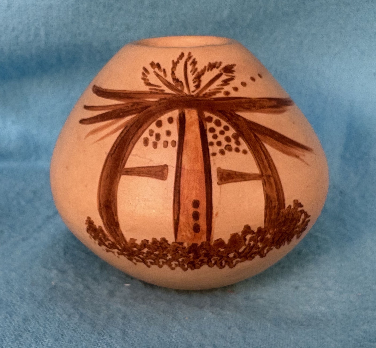 Vintage Hopi-Tewa Pottery Seed Pot w/ Kachina Mask by Randy Sahmie, 3 1/4