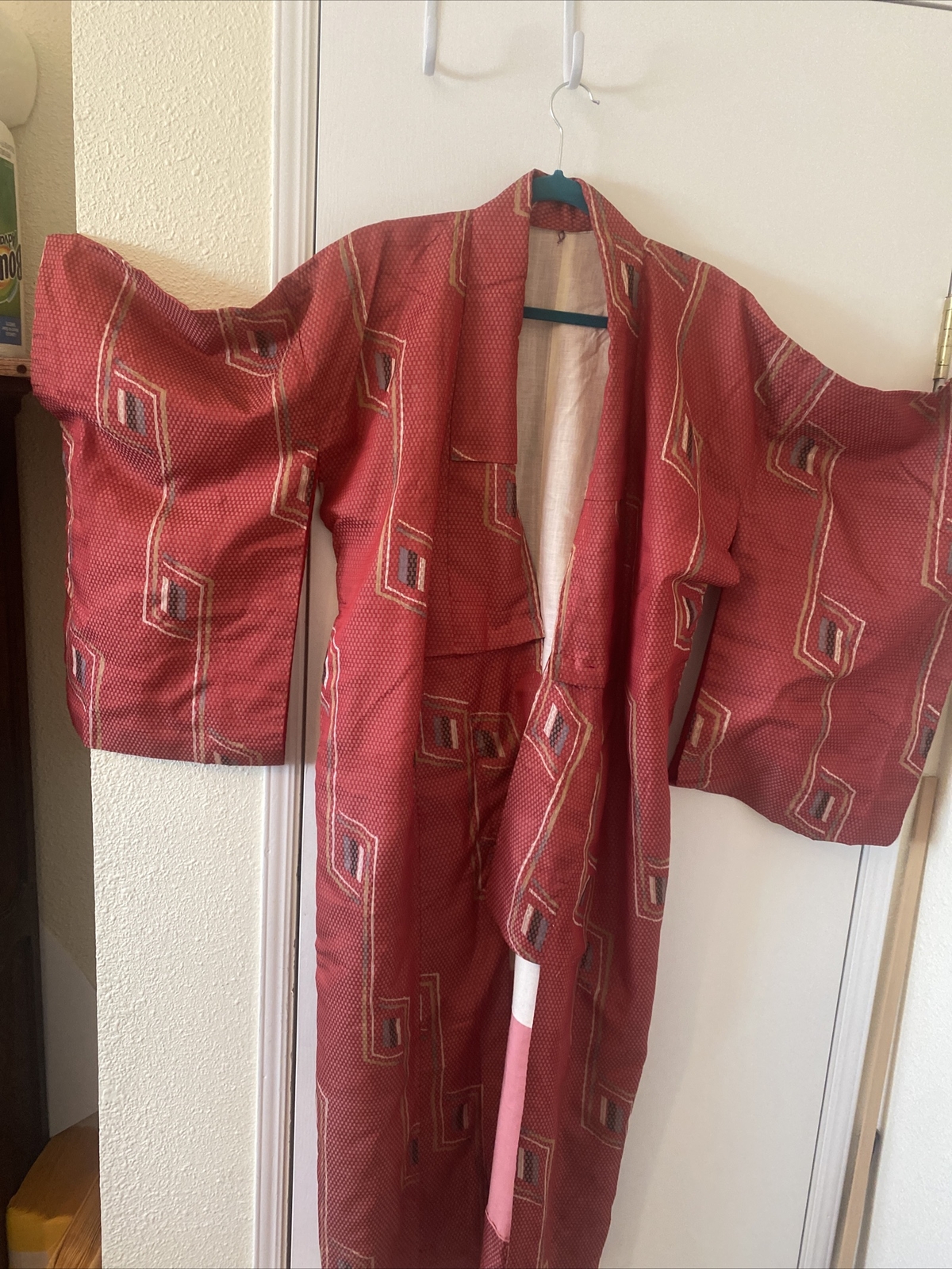 Japanese Kimono Silk Dark Red/Orange Blue Threds Handmade Vintage