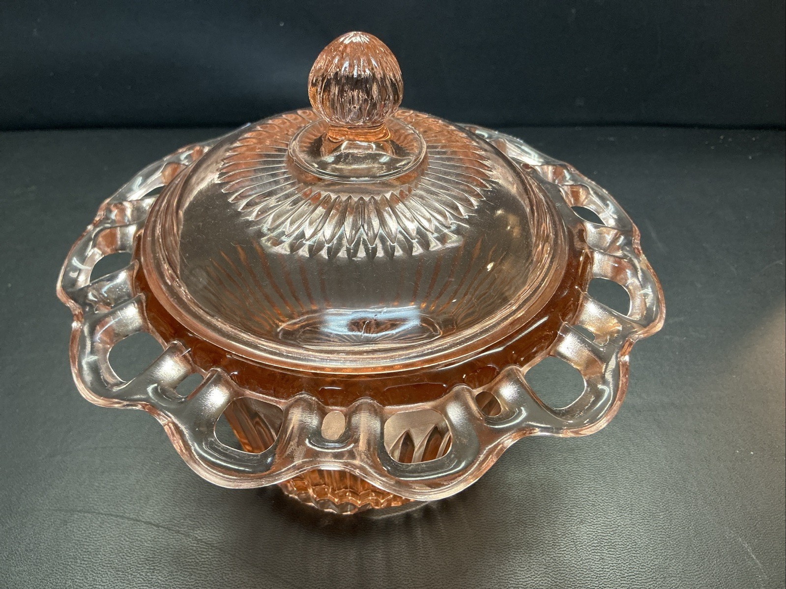 Pink Depression Candy Dish With Lid Open Lattice Rim  5”h