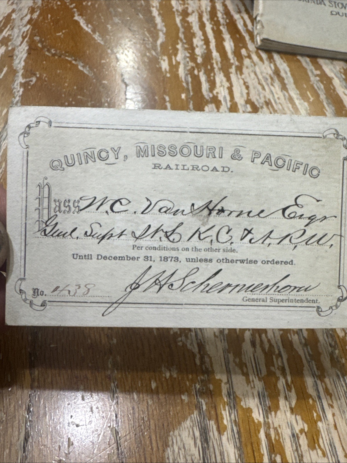 1873 Quincy Missouri & Pacific Railroad Annual Pass To Cornelius Van Horne