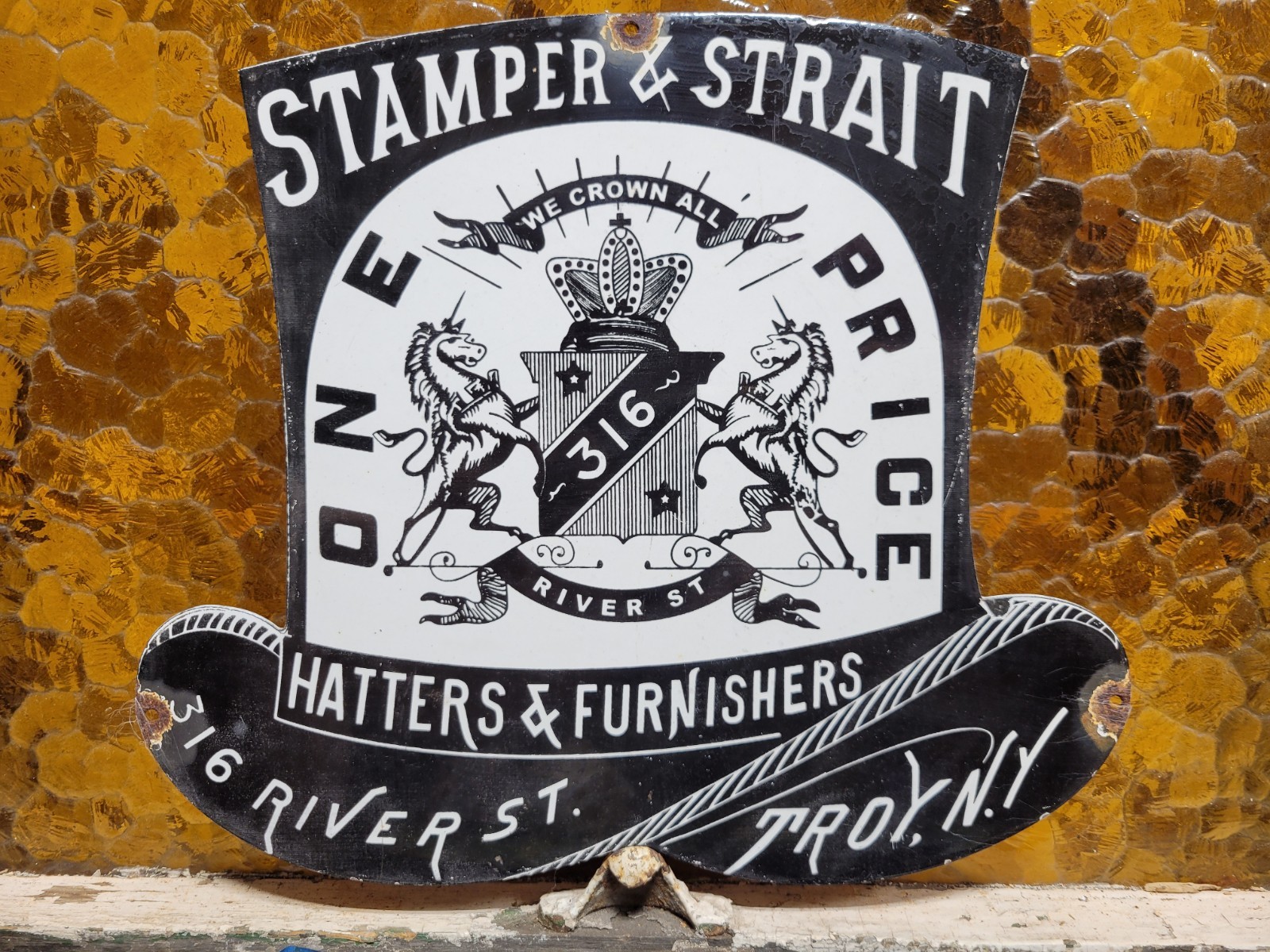 VINTAGE STAMPER & STRAIT PORCELAIN SIGN OLD HATTERS HAT FURNISHER TROY NEW YORK