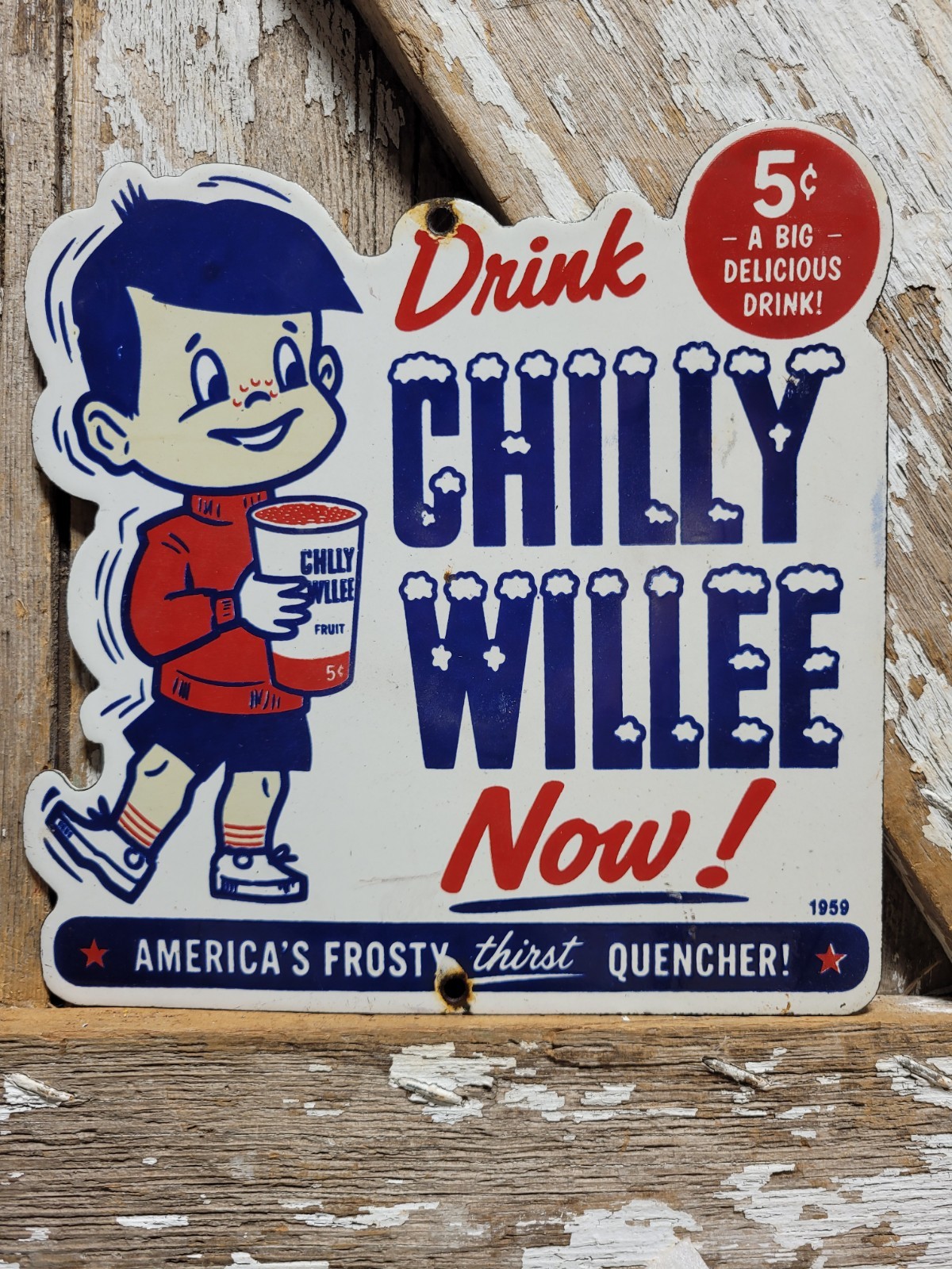 VINTAGE CHILLY WILLIE PORCELAIN SIGN RARE OLD FROZEN KIDS DRINK COLA SODA POP