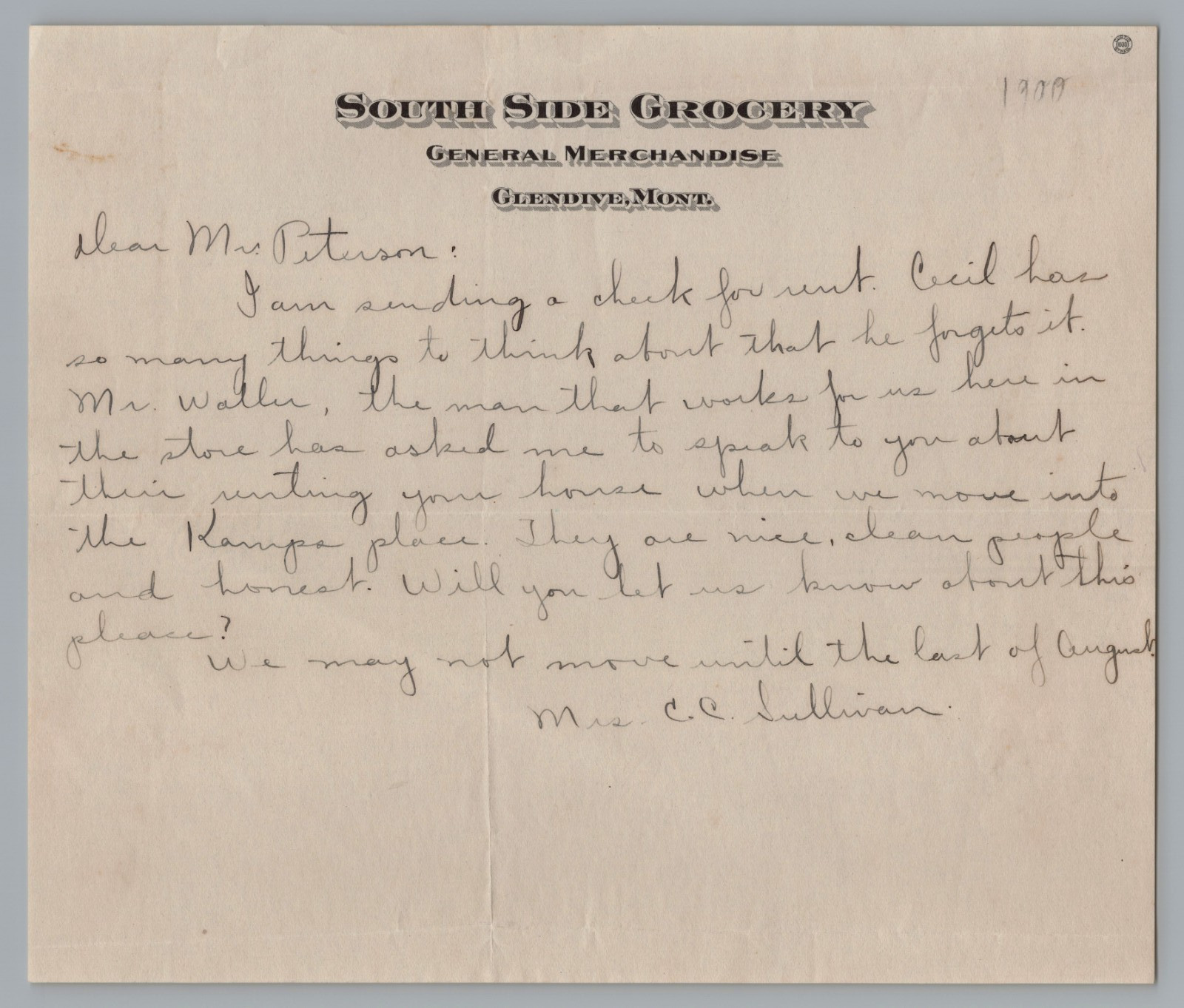 Vintage South Side Grocery Glendive Montana Letterhead Handwritten Letter MT
