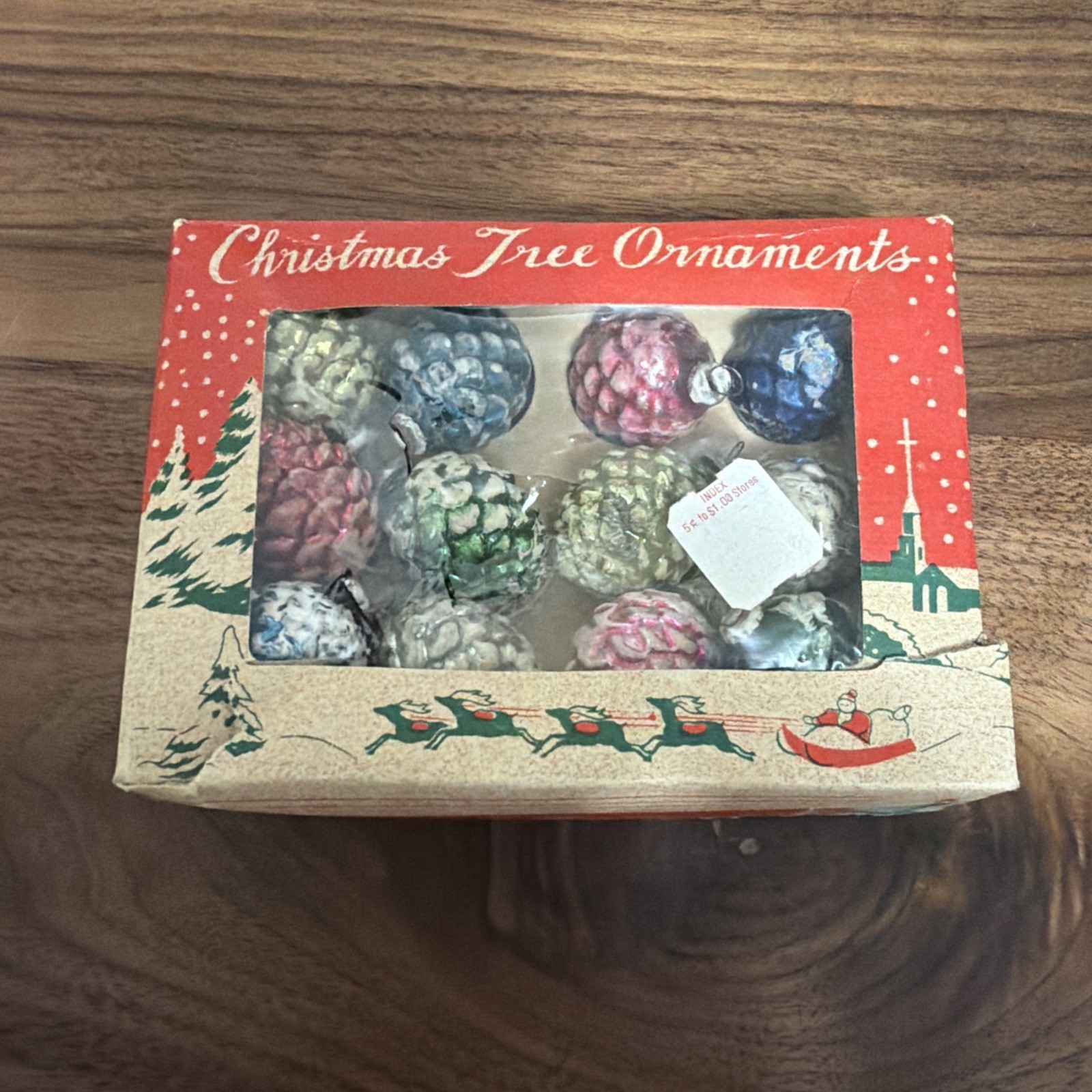 VINTAGE BOX OF JAPAN GLASS FROSTED PINECONE Christmas Tree Ornaments -Mercury 